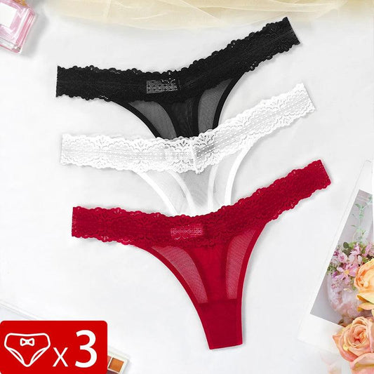 Floral Lace G-String Set - 3 Breathable Thongs for Confident Women in Vibrant Colors