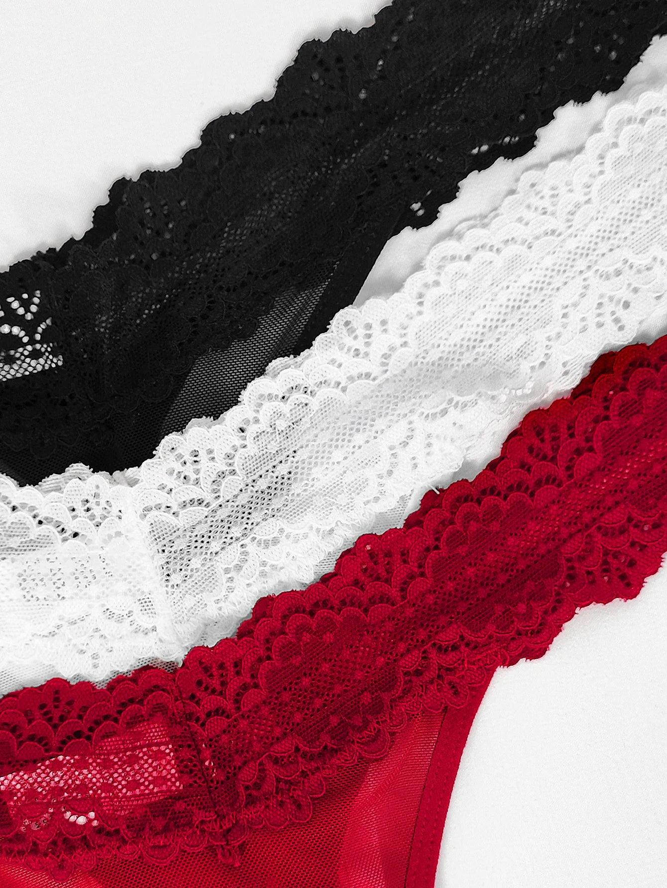 Floral Lace G-String Set - 3 Breathable Thongs for Confident Women in Vibrant Colors