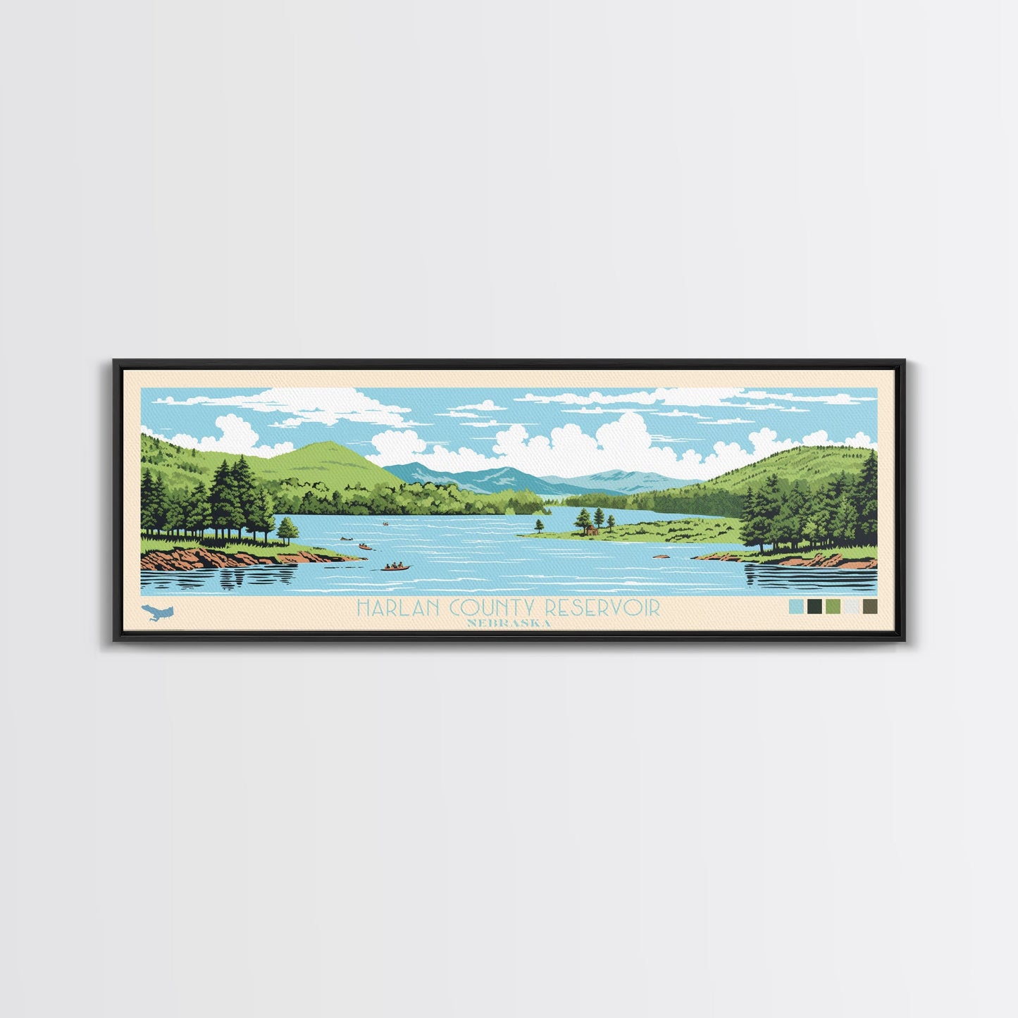 Harlan County Reservoir Nebraska Framed Canvas Print, Panoramic Art, Midcentury Modern, Pop Art, Bedroom Decor, Travel Poster, Nature Art, Home Decor