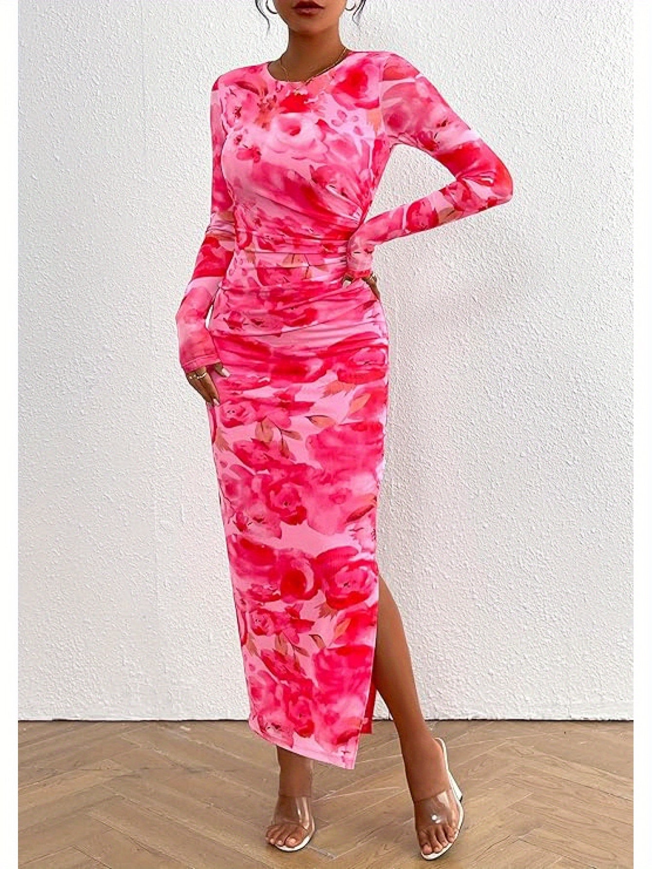 Elegant Frilly Floral Bodycon Maxi Dress