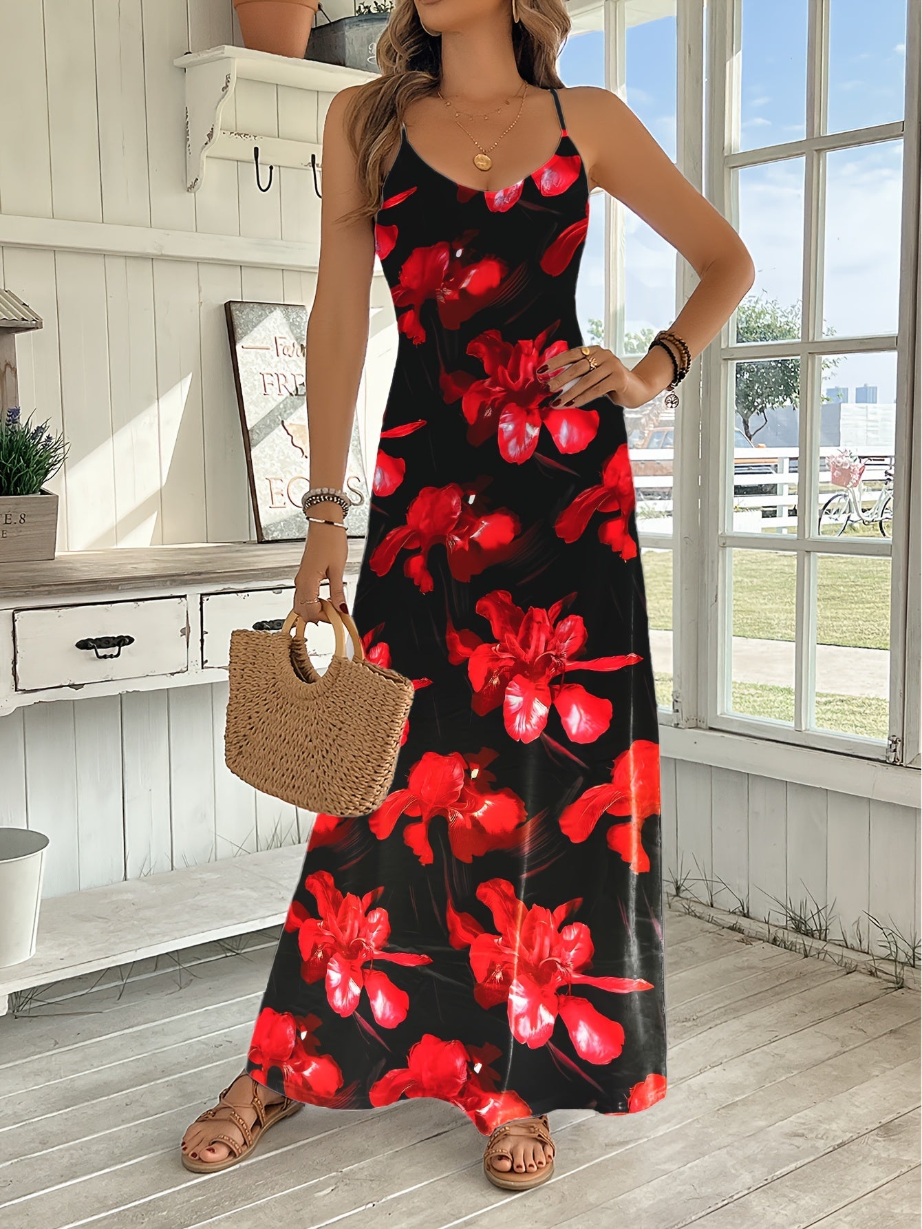 Chic Strappy Floral Print Maxi Dress