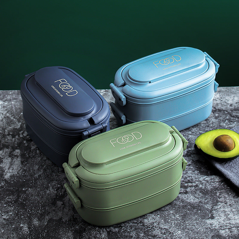 Japanese style simple portable microwaveable double layer partition lunch box bento box with cutlery