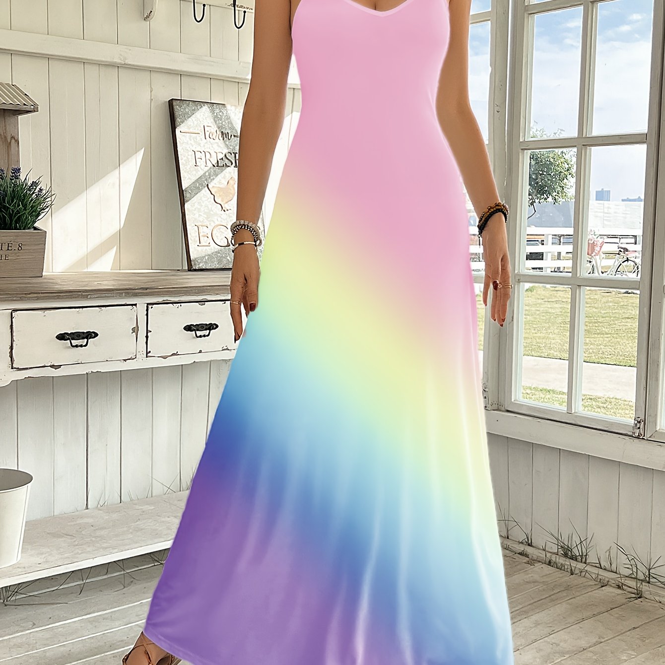 Comfort  Style V-Neck Rainbow Gradient Maxi Dress