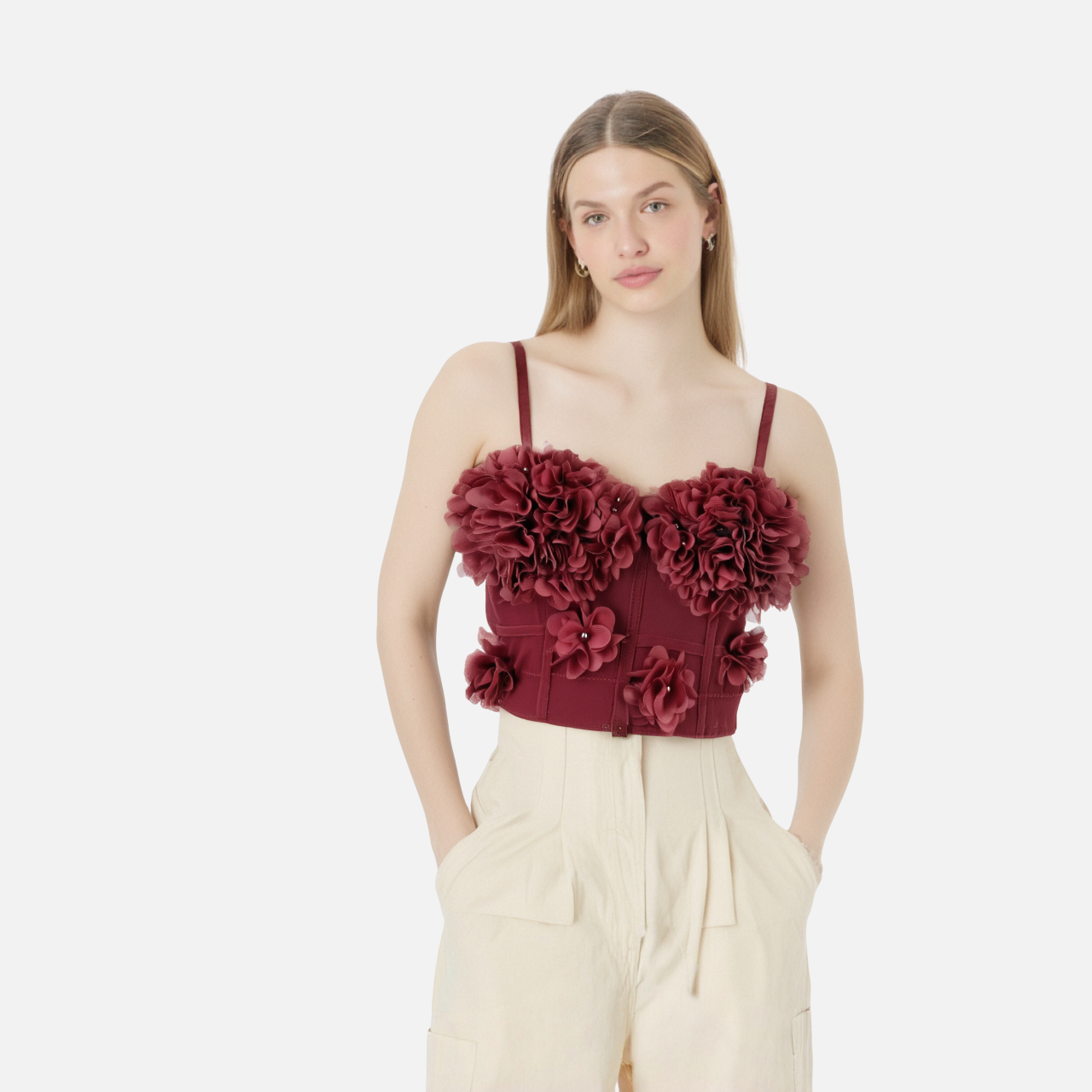 French mesh see through fishbone corset with chest cushion three-dimensional flower shaped outerwear beautiful back