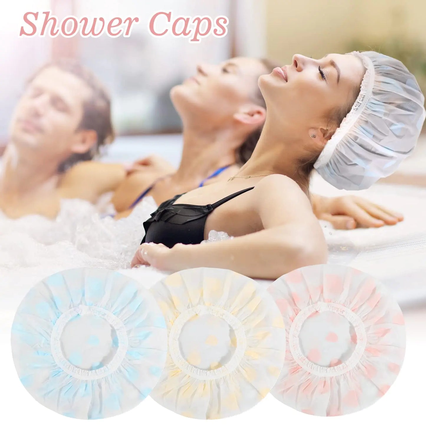 Waterproof Shower Caps, 3 Pcs Plastic Reusable Shower Caps Elastic Band Bath Caps for Women Ladies Spa Salon F