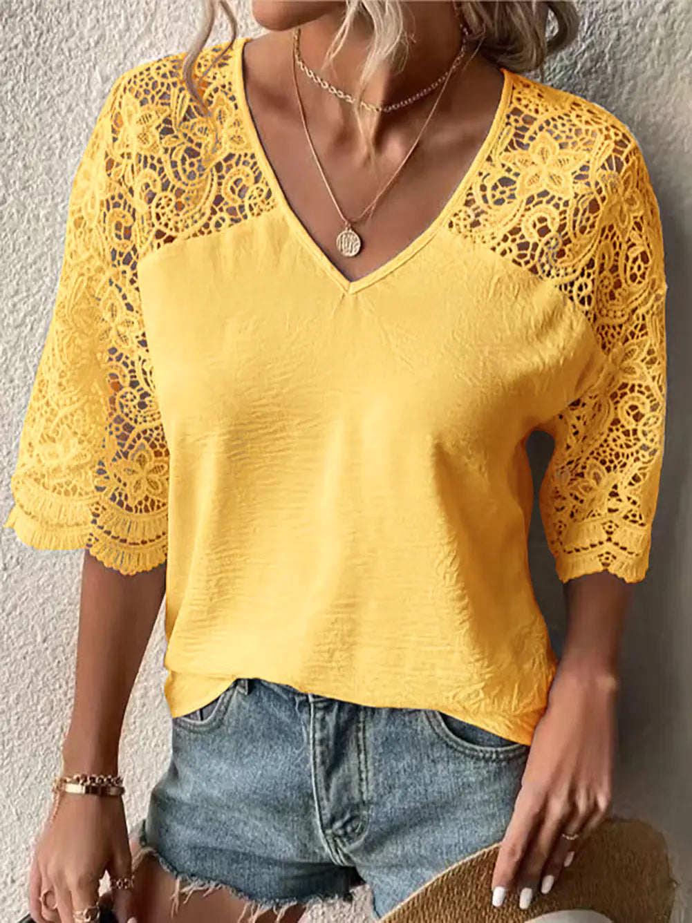 V-Neck Lace Hollow Loose Shirt