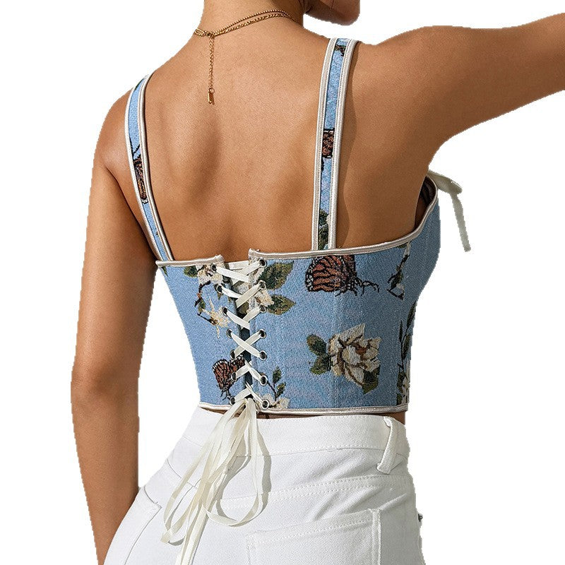 French floral retro vest with floral suspender
