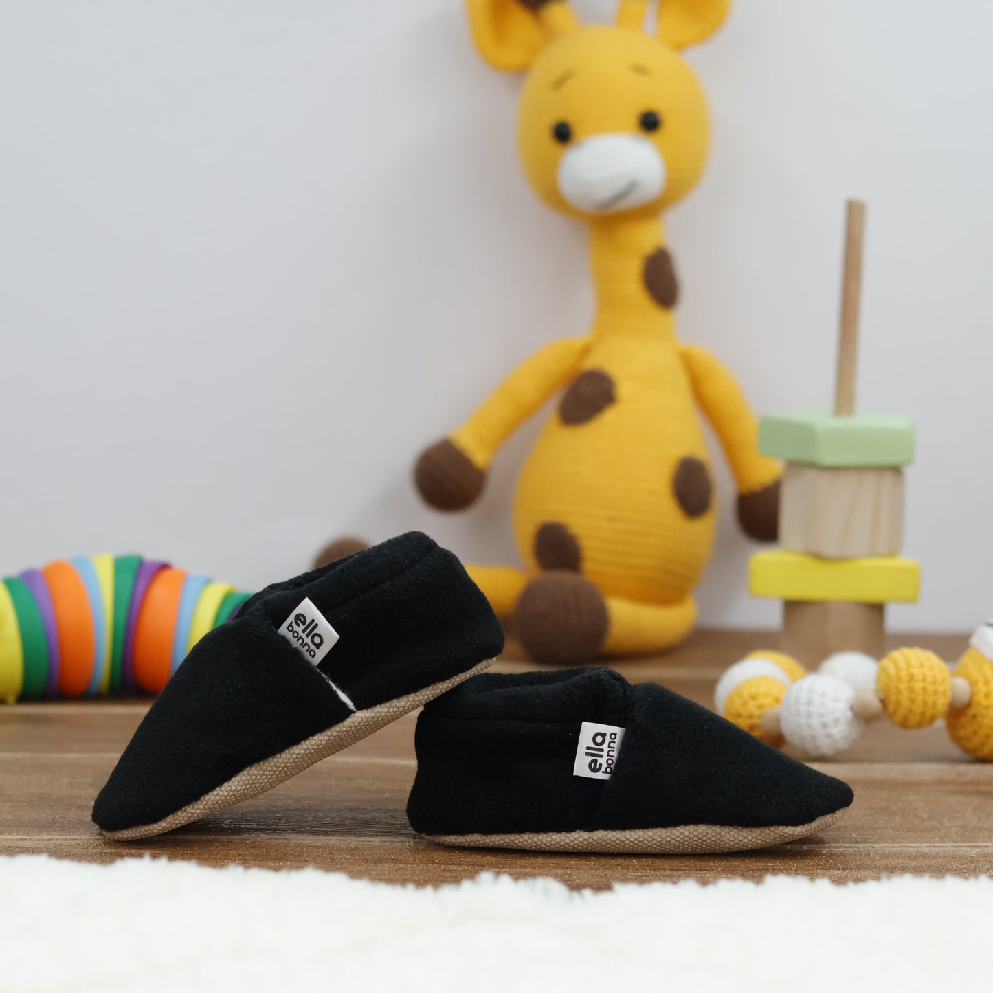 Fleece Baby House Booties, Non-Slip Sole, Organic Cotton Lining, Black