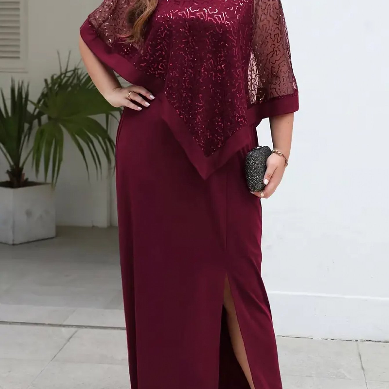 Elegant Plus Size Sequin Batwing Evening Dress