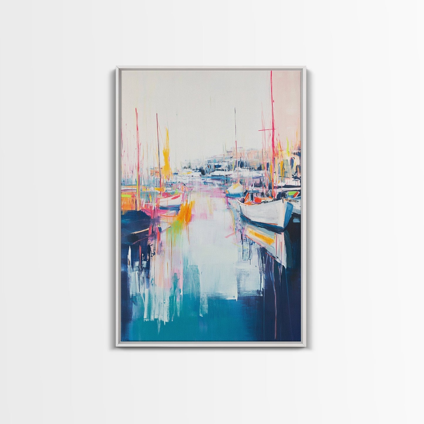 Harbor Sailboats, nautical wall art, seascape painting, coastal painting, sailboat painting, pink abstract art, Canvas Print