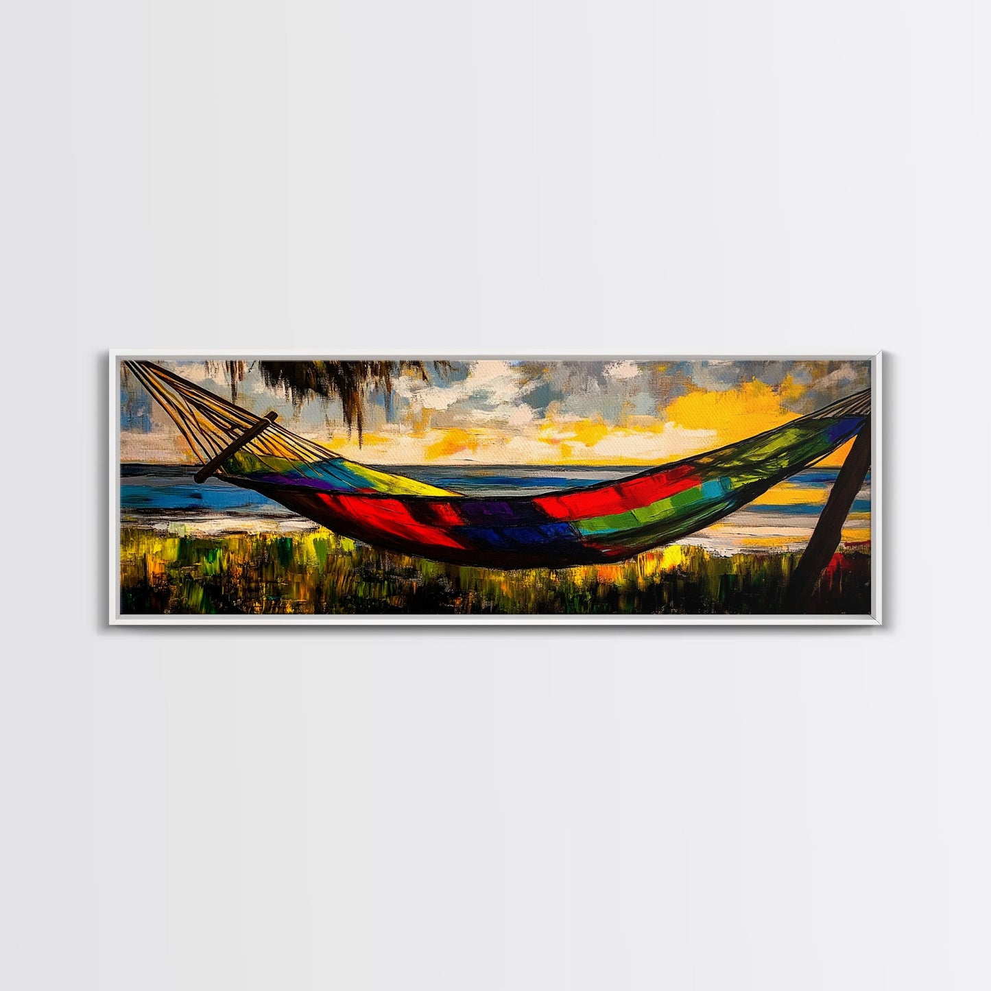 Hammock by the Beach, Tropical Sunset Painting, Relaxing Seaside Artwork, Vibrant Summer Wall Decor, Coastal Retreat, Canvas Print