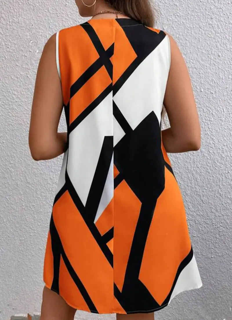 Geometric Print Fashion V-Neck Sleeveless Dress
