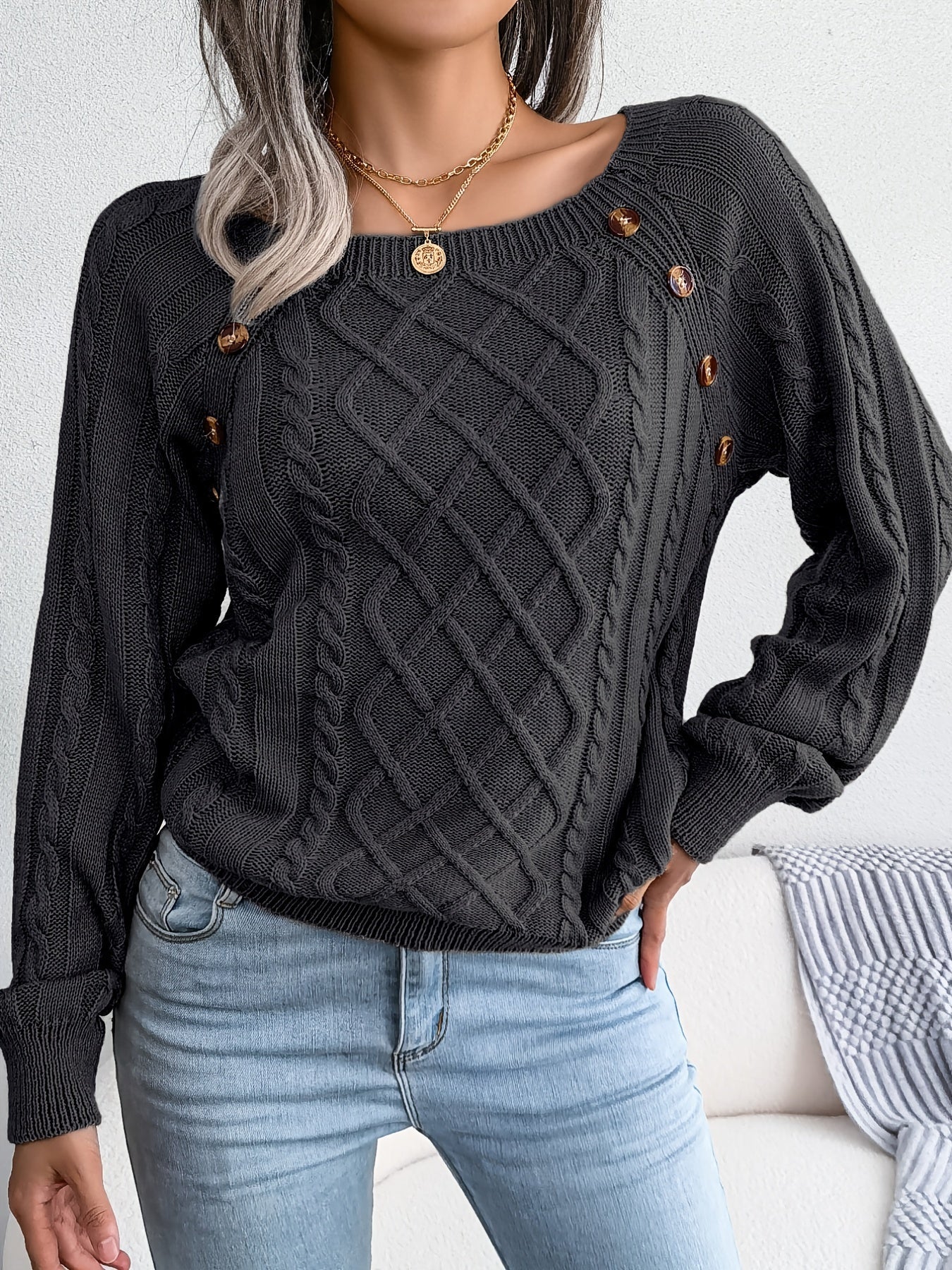 Texture Button Lantern Sleeve Sweater