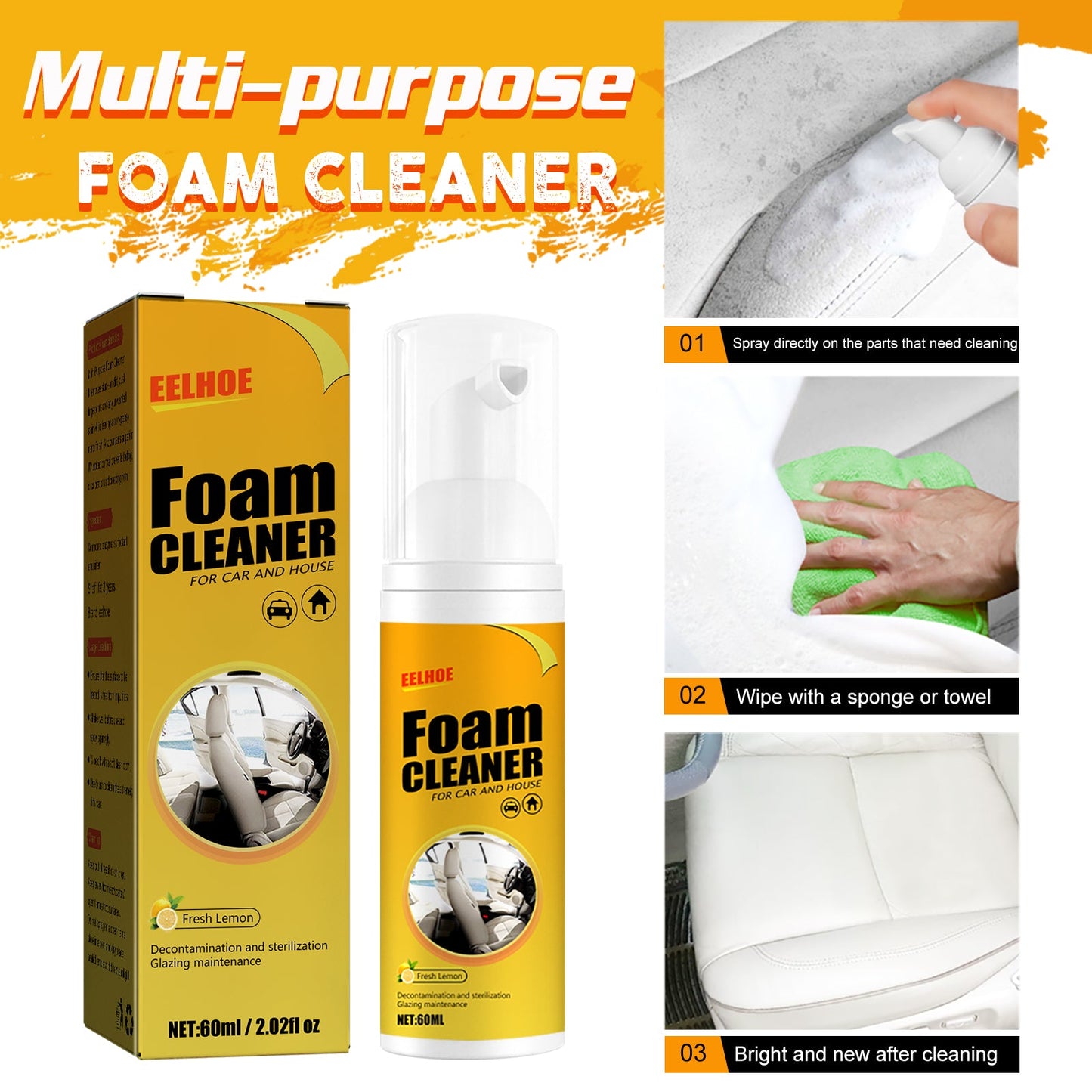 Foam Cleaner, Leather Seat Supplies Decontamination Multi-Functional Interior Cleaner