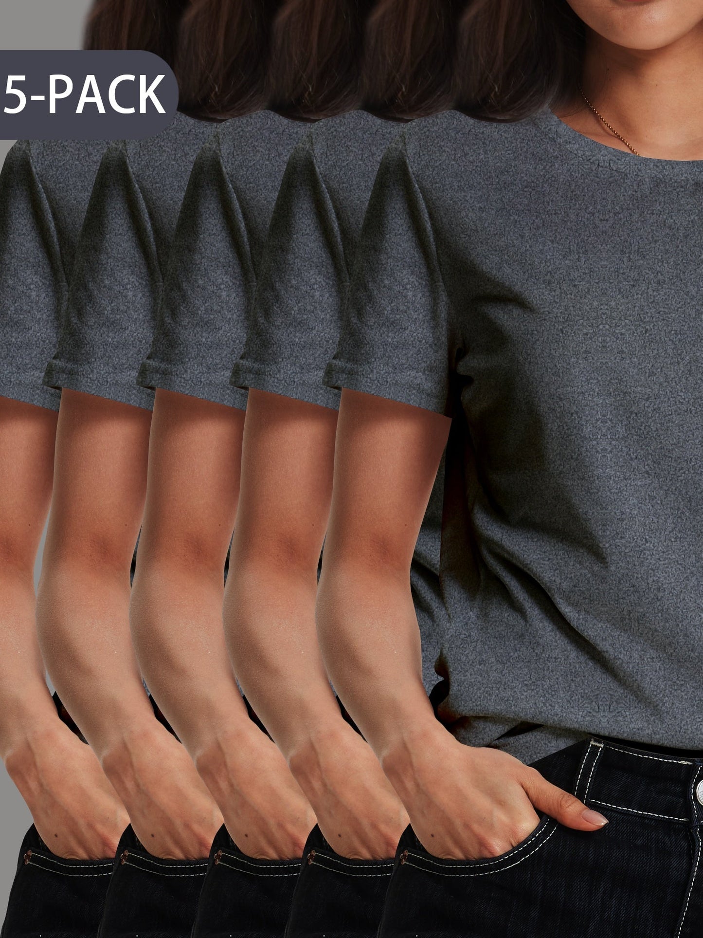 5Pack Womens Soft Stretch Casual Round Neck T-Shirts