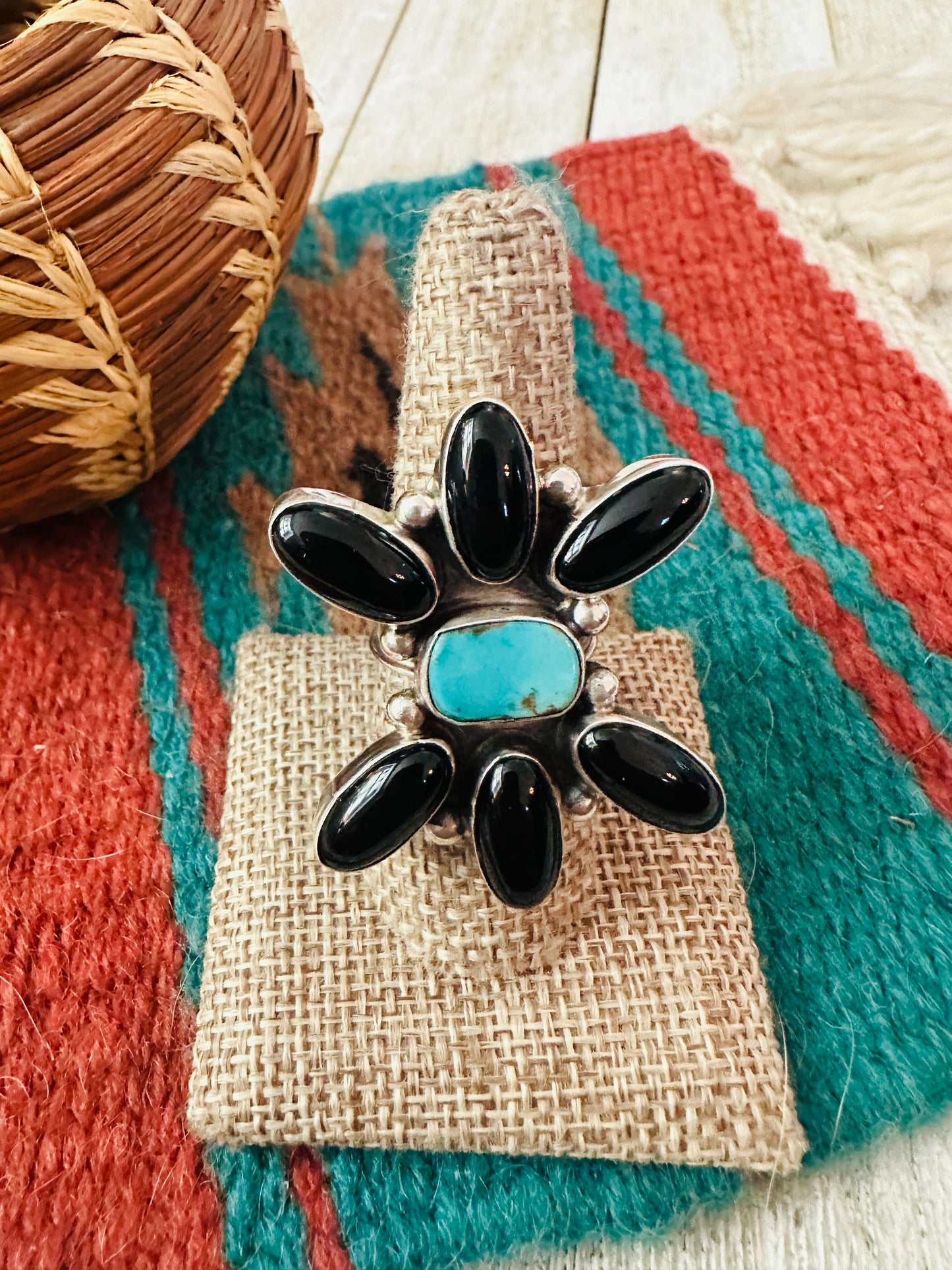 Handcrafted Onyx, Turquoise & Sterling Silver Adjustable Ring by Jacqueline Silver