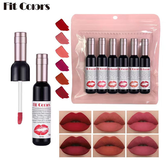 Fit Colors Red Wine Bottle Non Stick Cup Matte Lip Gloss Fog Face Velvet Lip Gloss Liquid Lipstick 6 Pcs Set