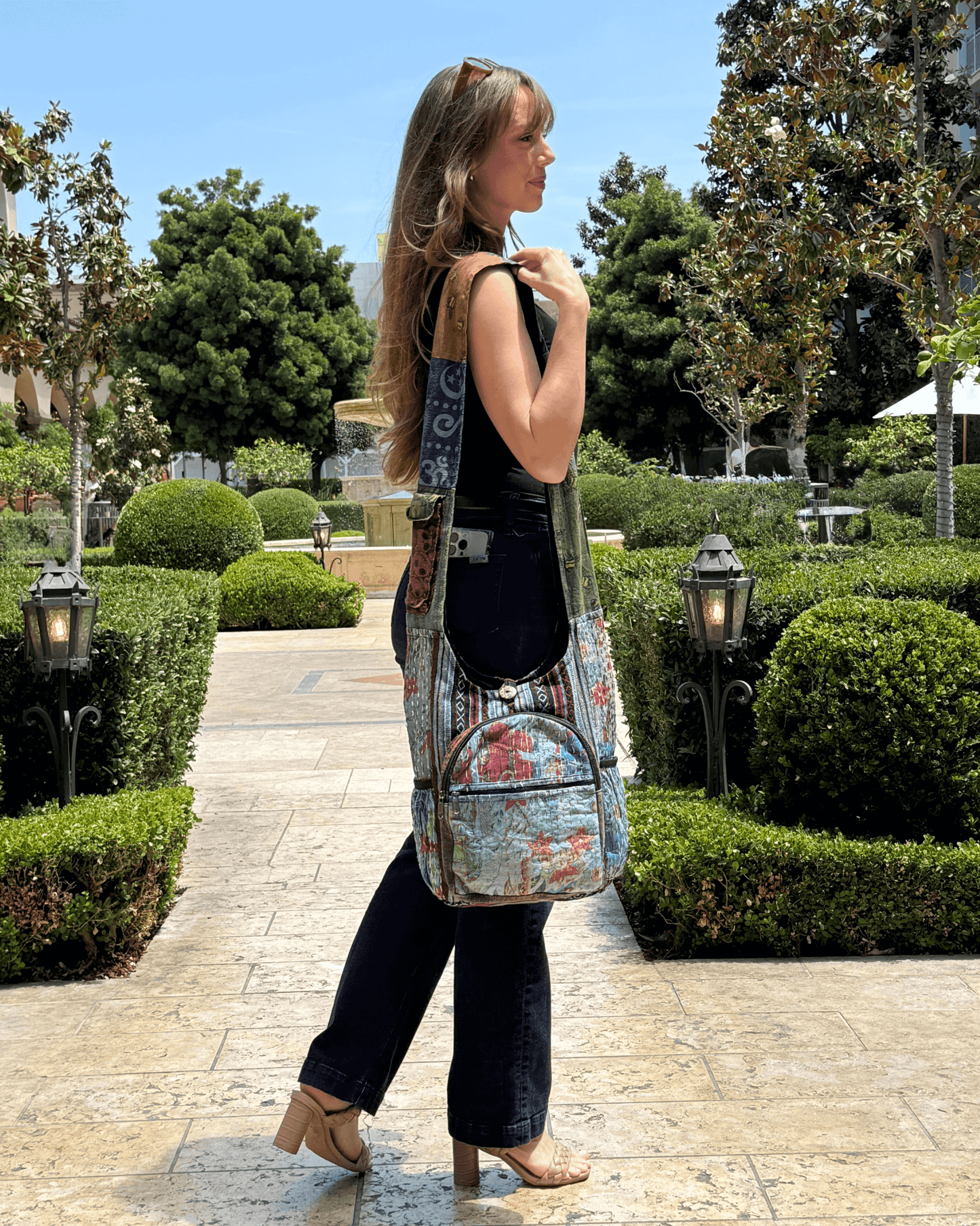 Kathmandu Collection Vintage Patchwork Hobo Bag with Water Bottle Pockets