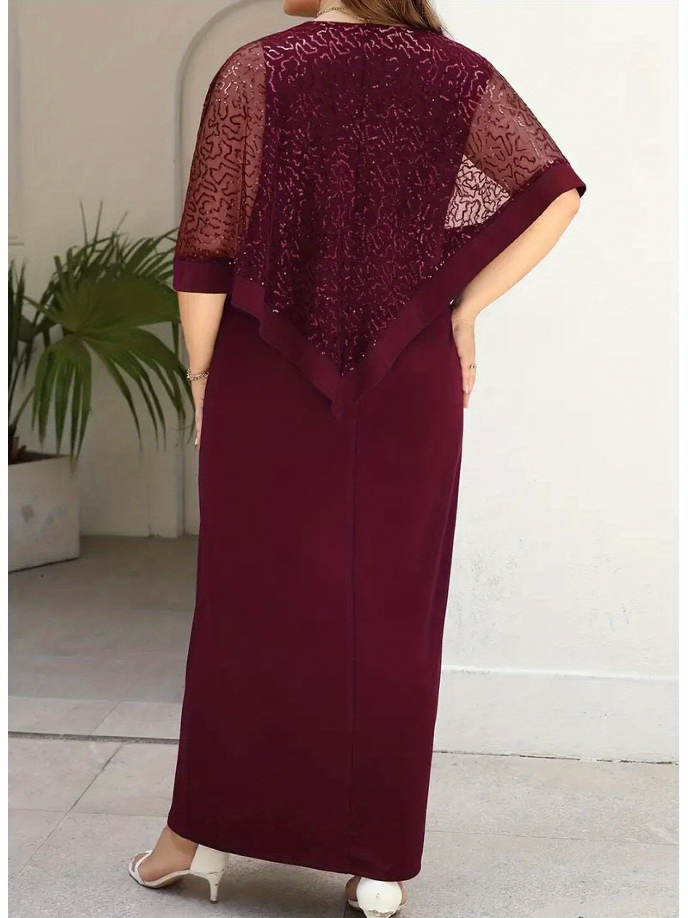 Elegant Plus Size Sequin Batwing Evening Dress