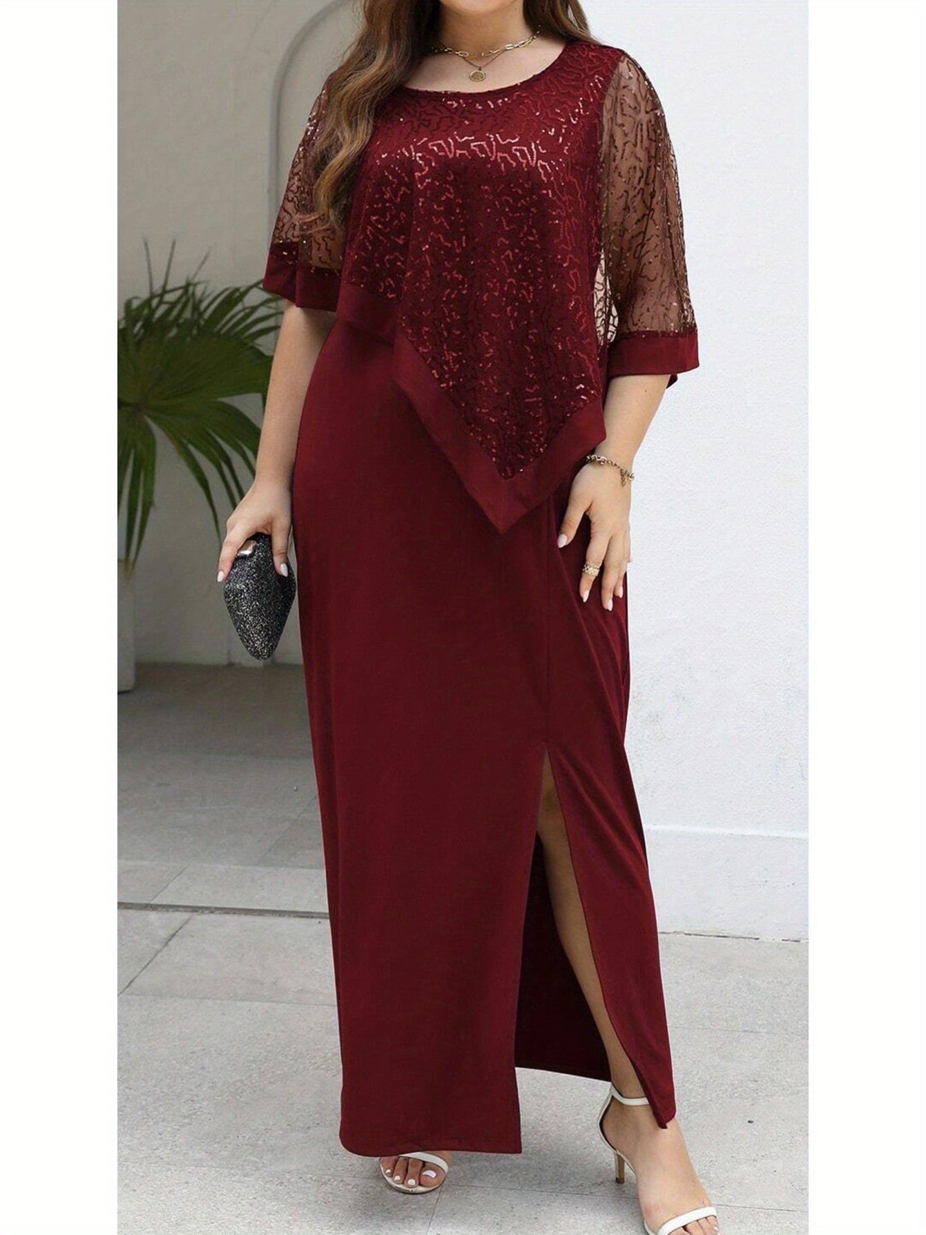 Elegant Plus Size Sequin Batwing Evening Dress