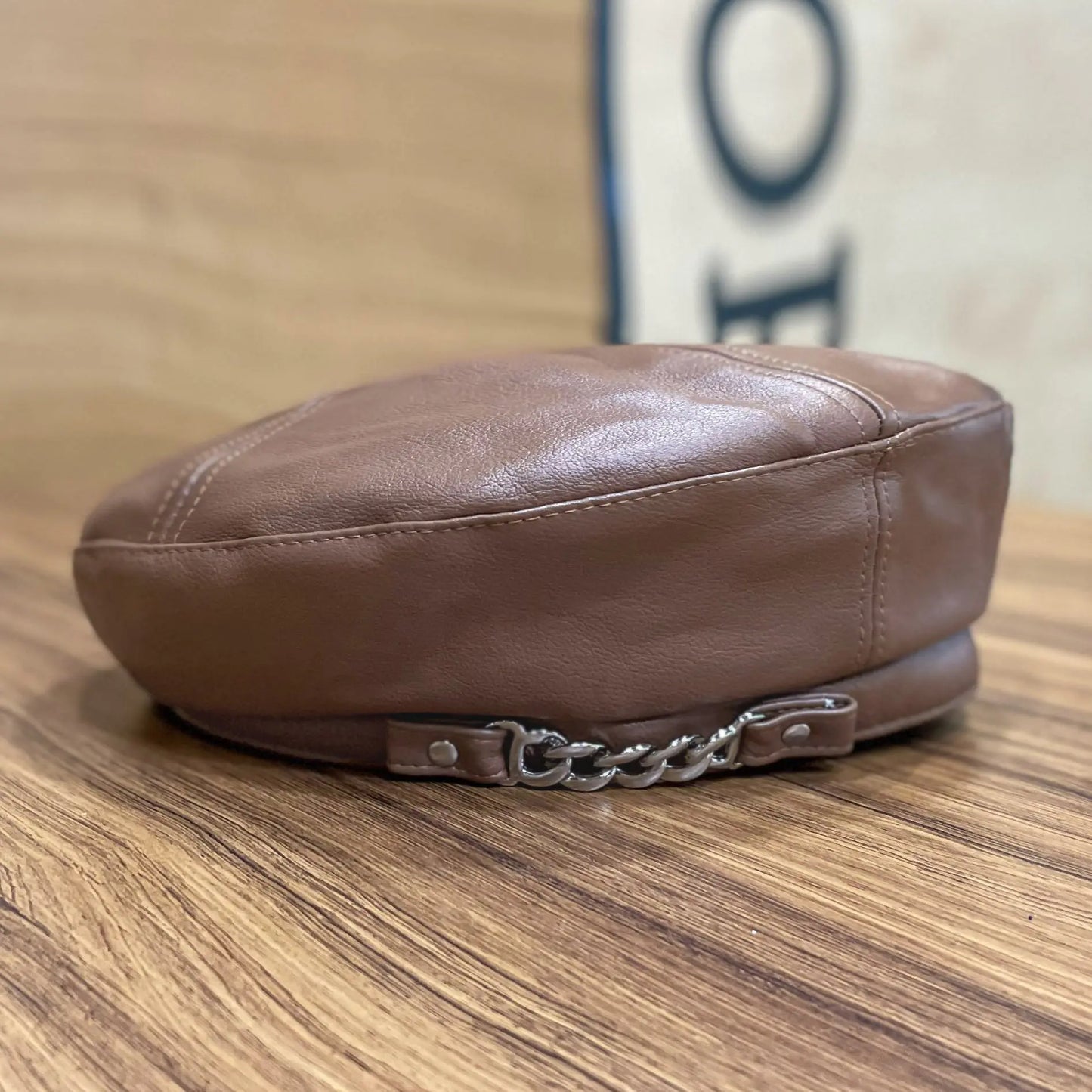 Women's PU Leather Beret Hat with Chain Detail
