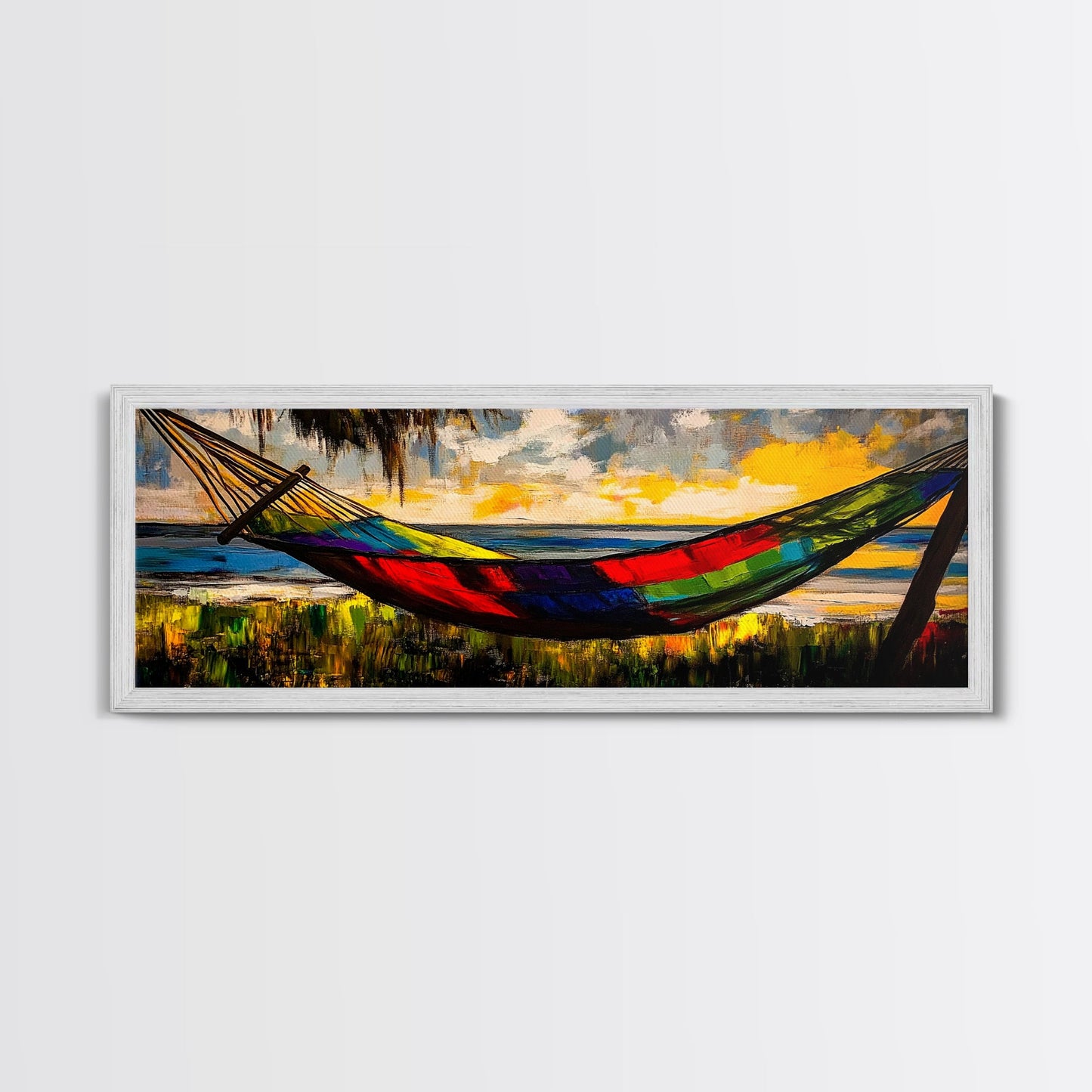 Hammock by the Beach, Tropical Sunset Painting, Relaxing Seaside Artwork, Vibrant Summer Wall Decor, Coastal Retreat, Canvas Print