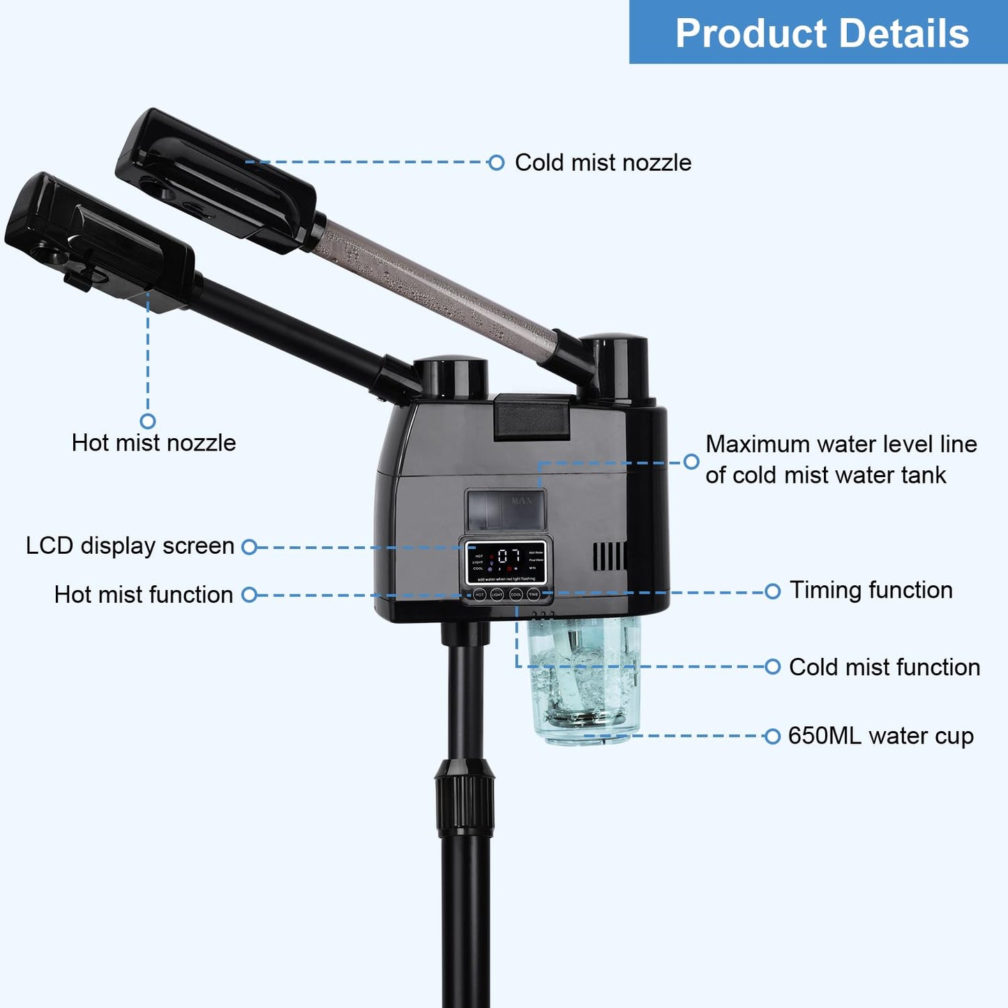 FLOLXNB Professional Facial Steamer, 2 in 1 Facial Steamer, Esthetician Steamer with Hot&Cold Nozzle,Digital Face Steamer for Home Beauty Salon Spa