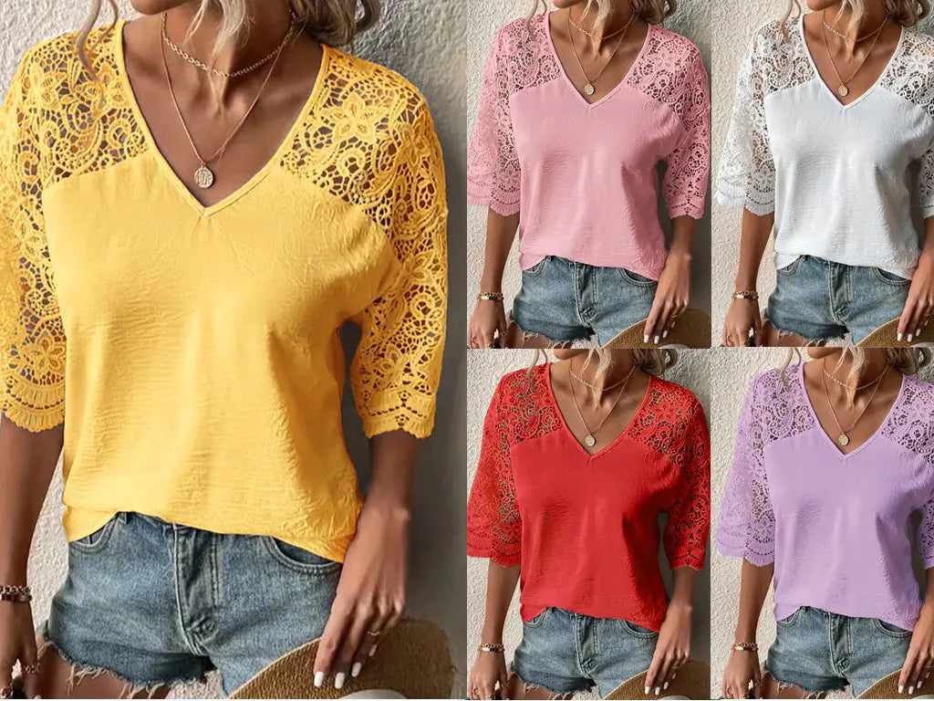 V-Neck Lace Hollow Loose Shirt