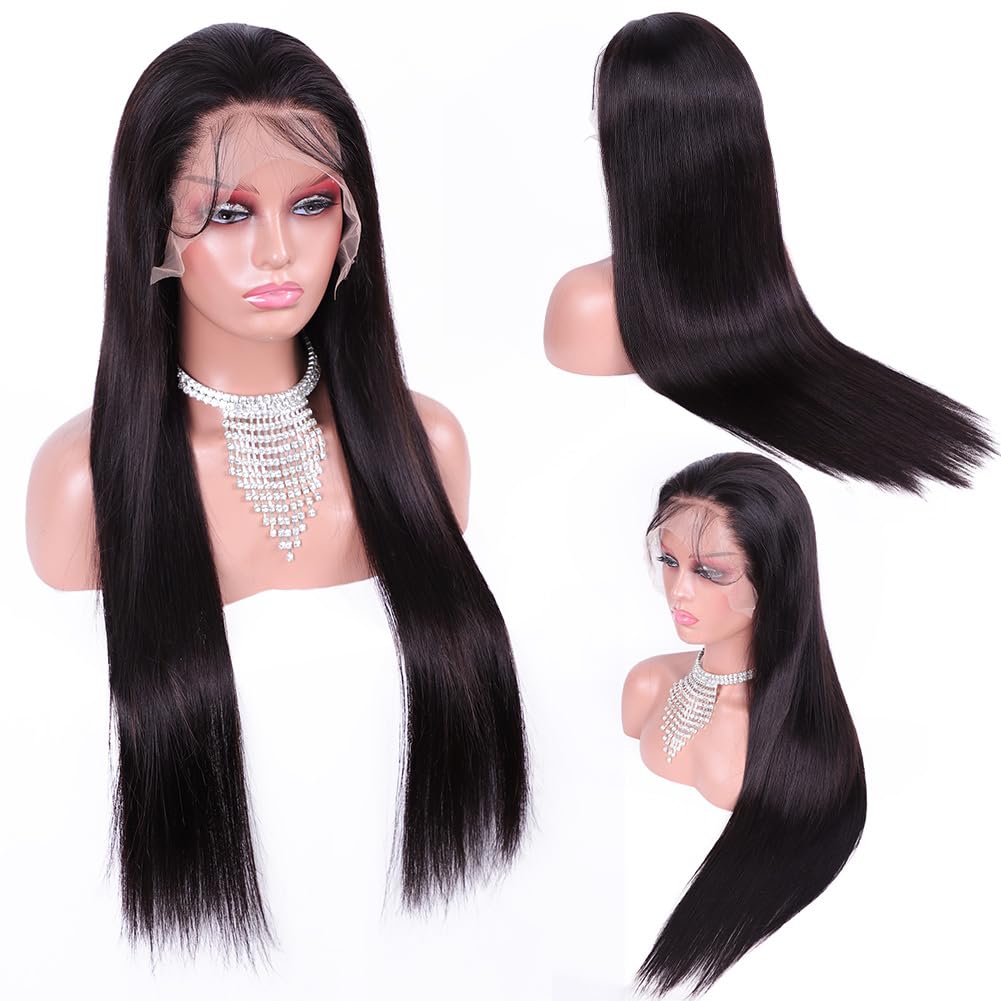 Flady 28 inch Straight HD Lace Front Wigs Human Hair Pre Plucked 180 Density 13x4 Glueless Bone Straight Human Hair Wigs For Black Women Transparent Lace Frontal Wig With Baby Hair