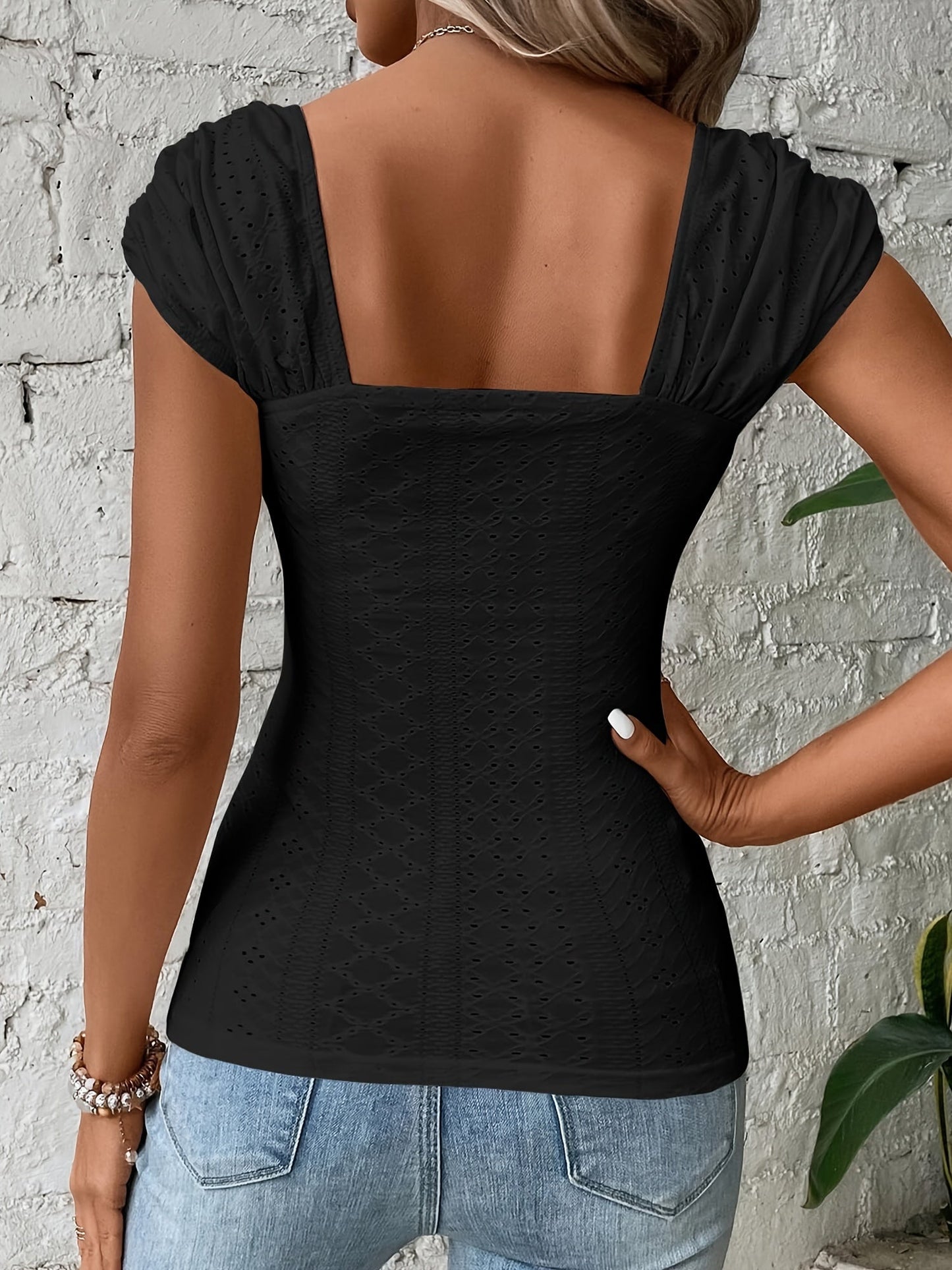 Black Eyelet Square Neck  Everyday Comfort  Style Top