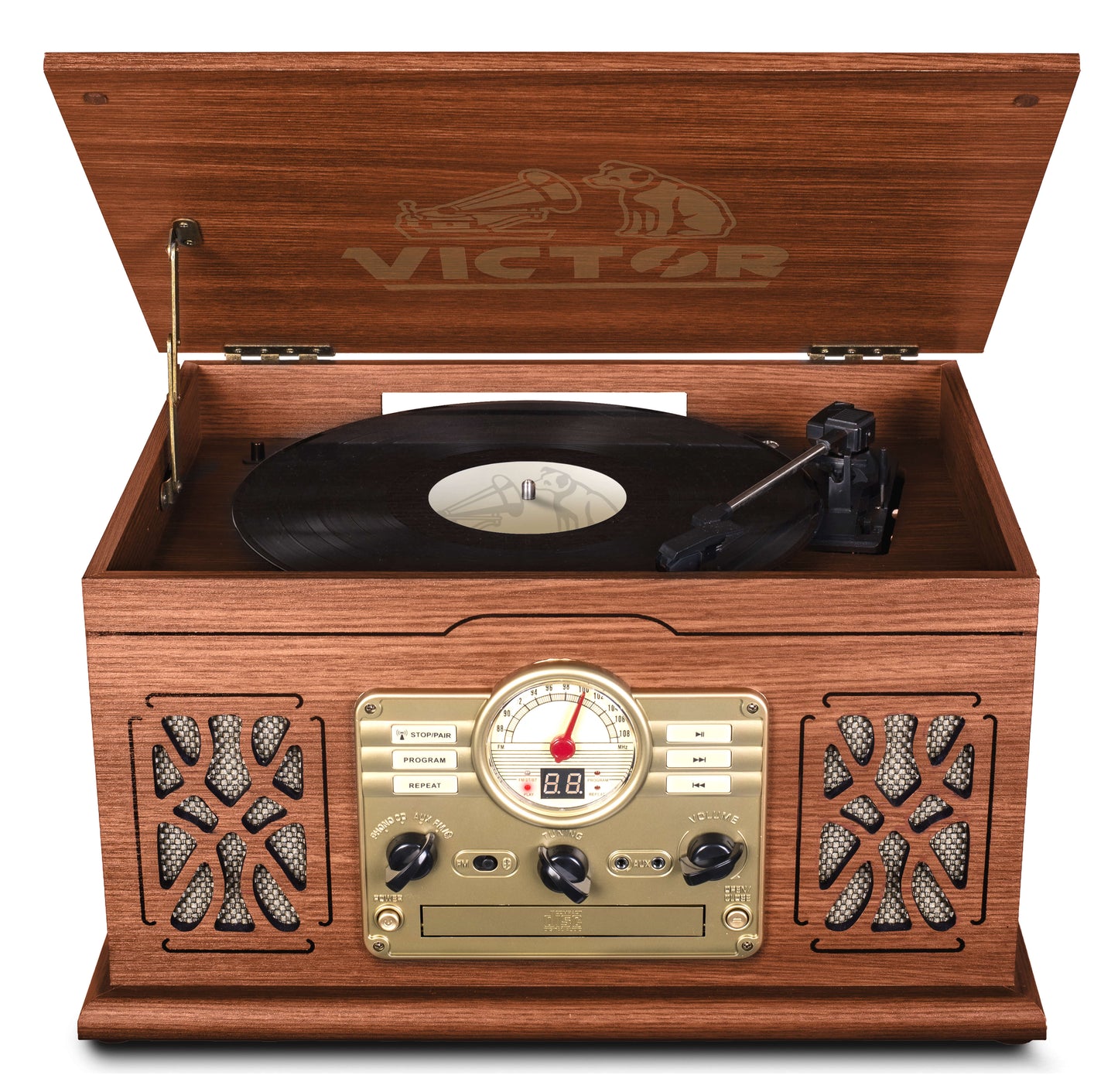 Victor State 7-in-1 Wood Music Center with 3-Speed Turntable and Dual Bluetooth