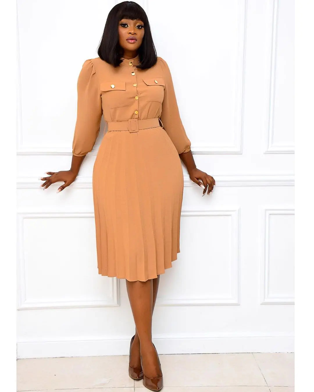 Plus Size Solid Color Midi Dress for Women