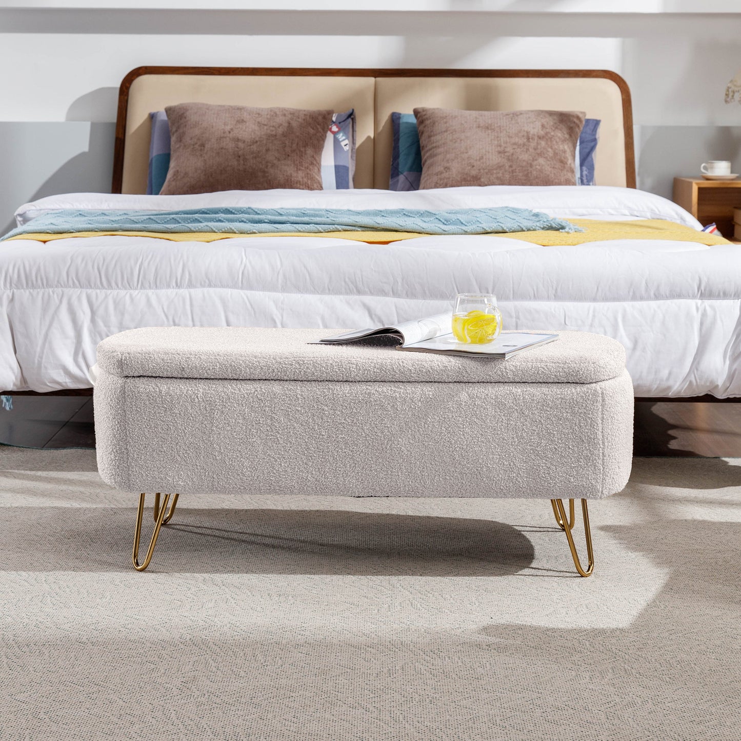 Ivory White Storage Ottoman Bench for End of Bed Gold Legs