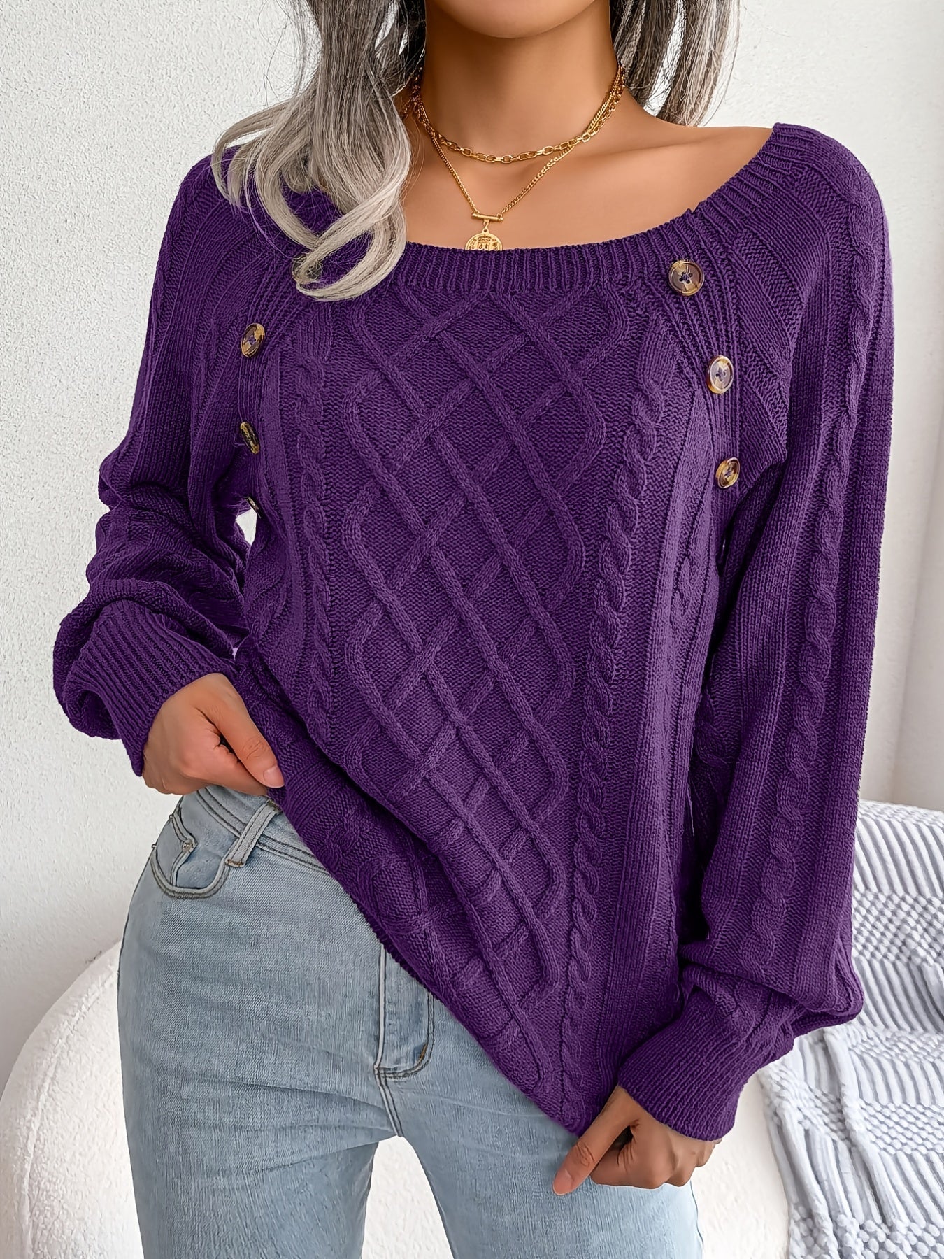 Texture Button Lantern Sleeve Sweater