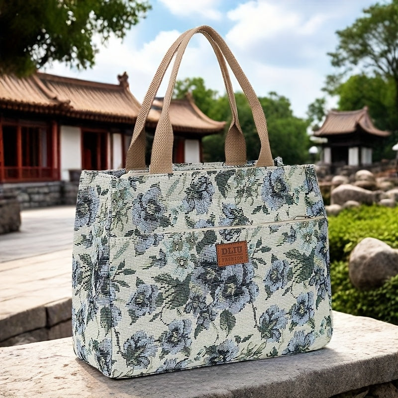 Chic Lunch Retro Floral Oil Painting Tote Commute Bag
