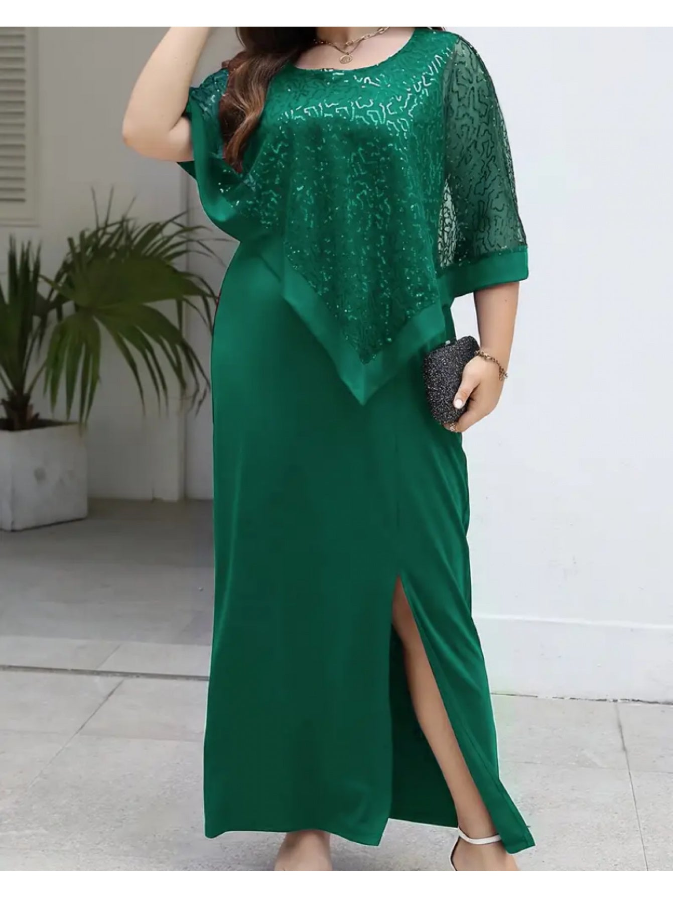 Elegant Plus Size Sequin Batwing Evening Dress