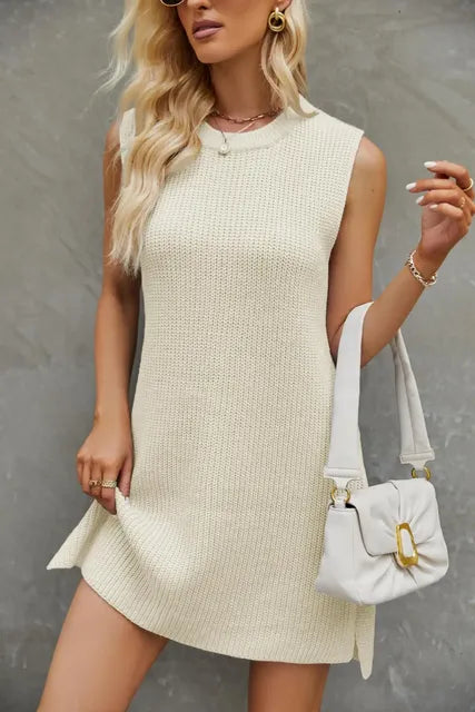Women's Solid Color Round Neck Knit Dress with Slit