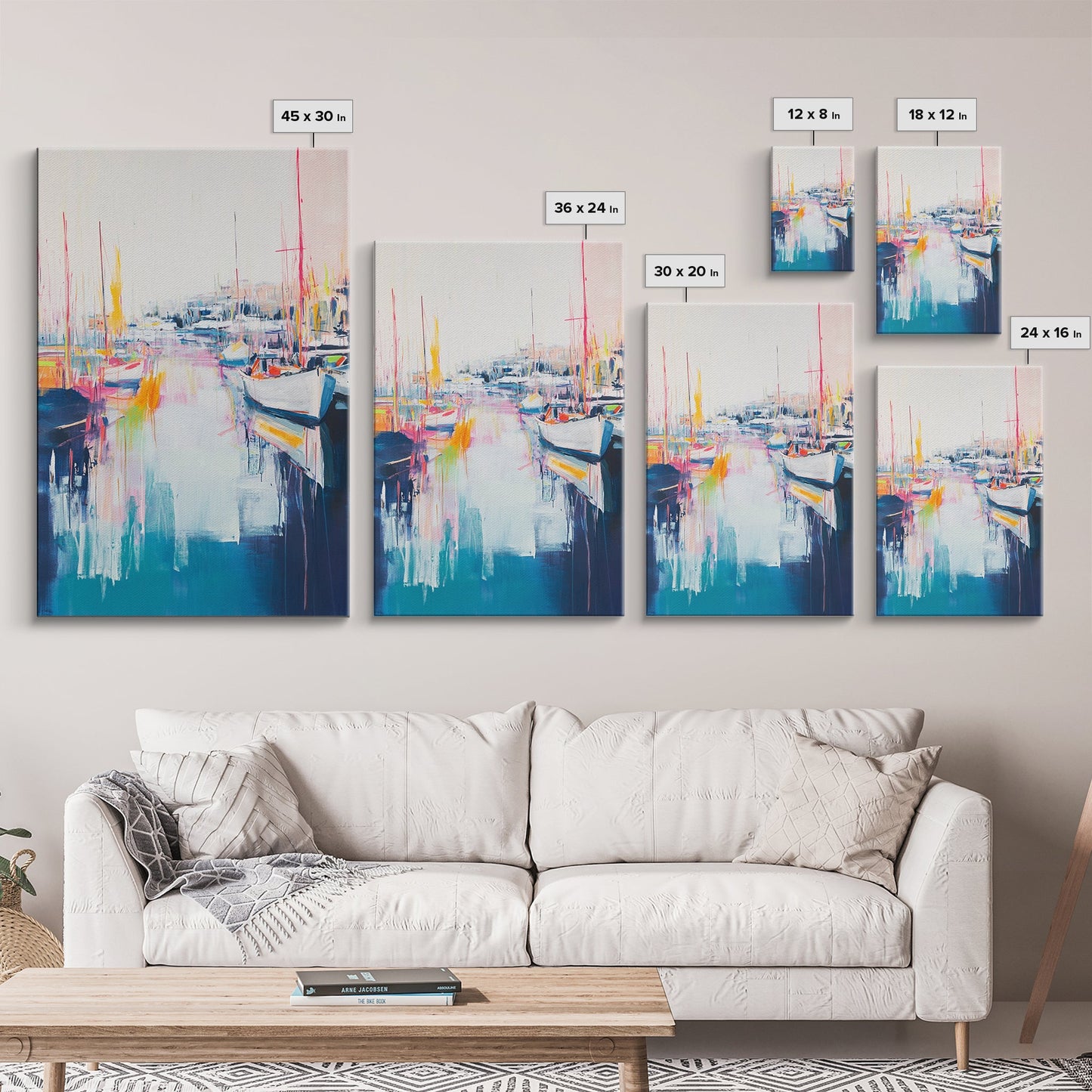 Harbor Sailboats, nautical wall art, seascape painting, coastal painting, sailboat painting, pink abstract art, Canvas Print