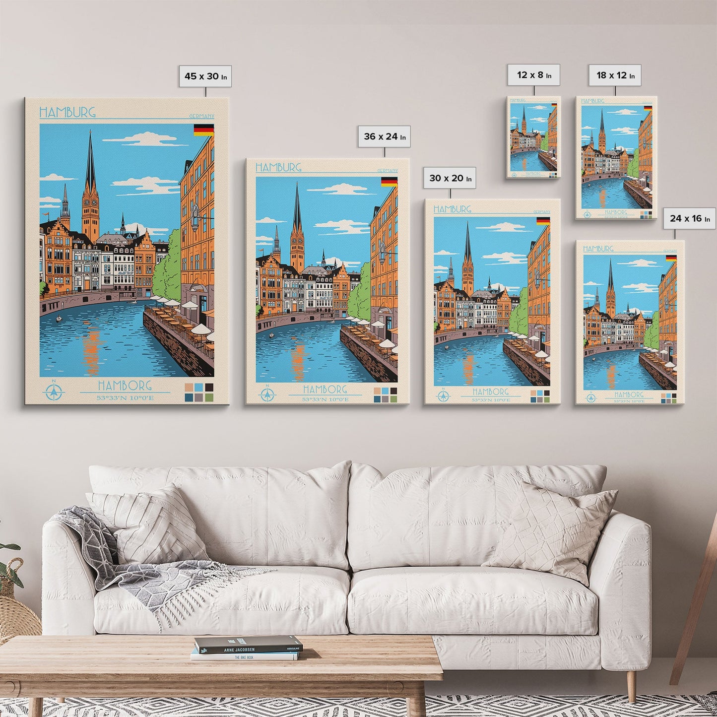 Hamburg Germany Travel Poster Framed Canvas Print, Midcentury Modern Art, Pop Art Wall Decor, Scenic Wall Art, Bedroom Decoration, Office Art