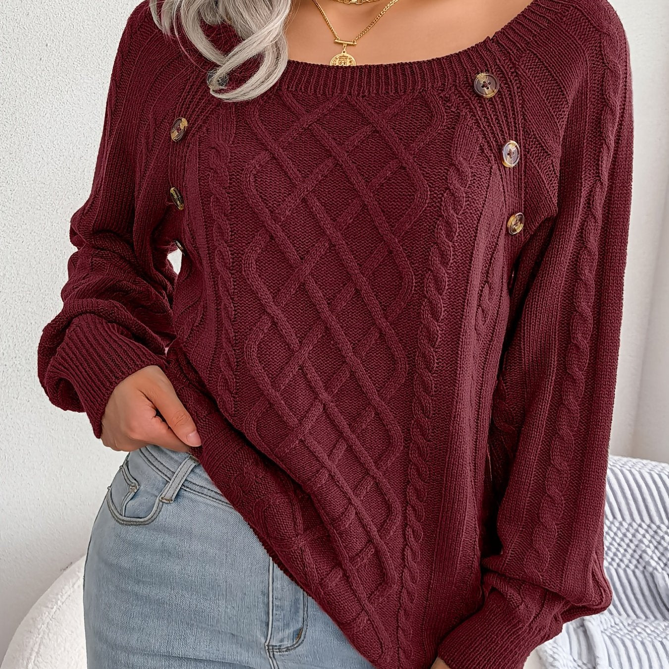 Texture Button Lantern Sleeve Sweater