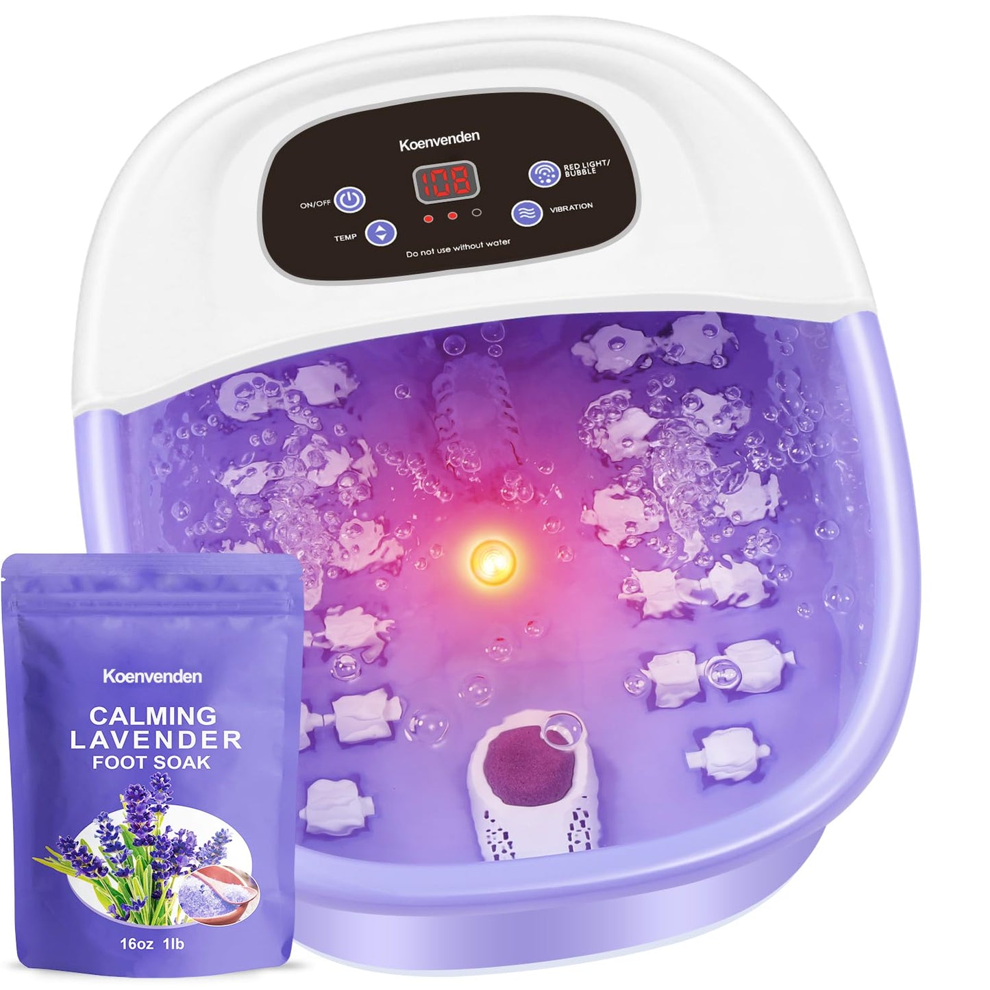 Foot Spa Bath Massager with Heat Bubbles and Vibration Massage and Jets, 16 OZ Calming Lavender Foot Soak Epsom Salt, Koenvenden Foot Soaker With Red Light, 22 Massage Rollers, Adjustable Temp -Purple