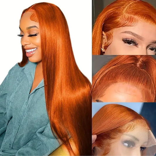 Fiumer Ginger Wig Human Hair 13x4 Straight Ginger Orange Lace Front Wigs Human Hair HD Transparent Lace Frontal 350 Colored Human Hair Wig Pre Plucked With Baby Hair 180% Density 28inch