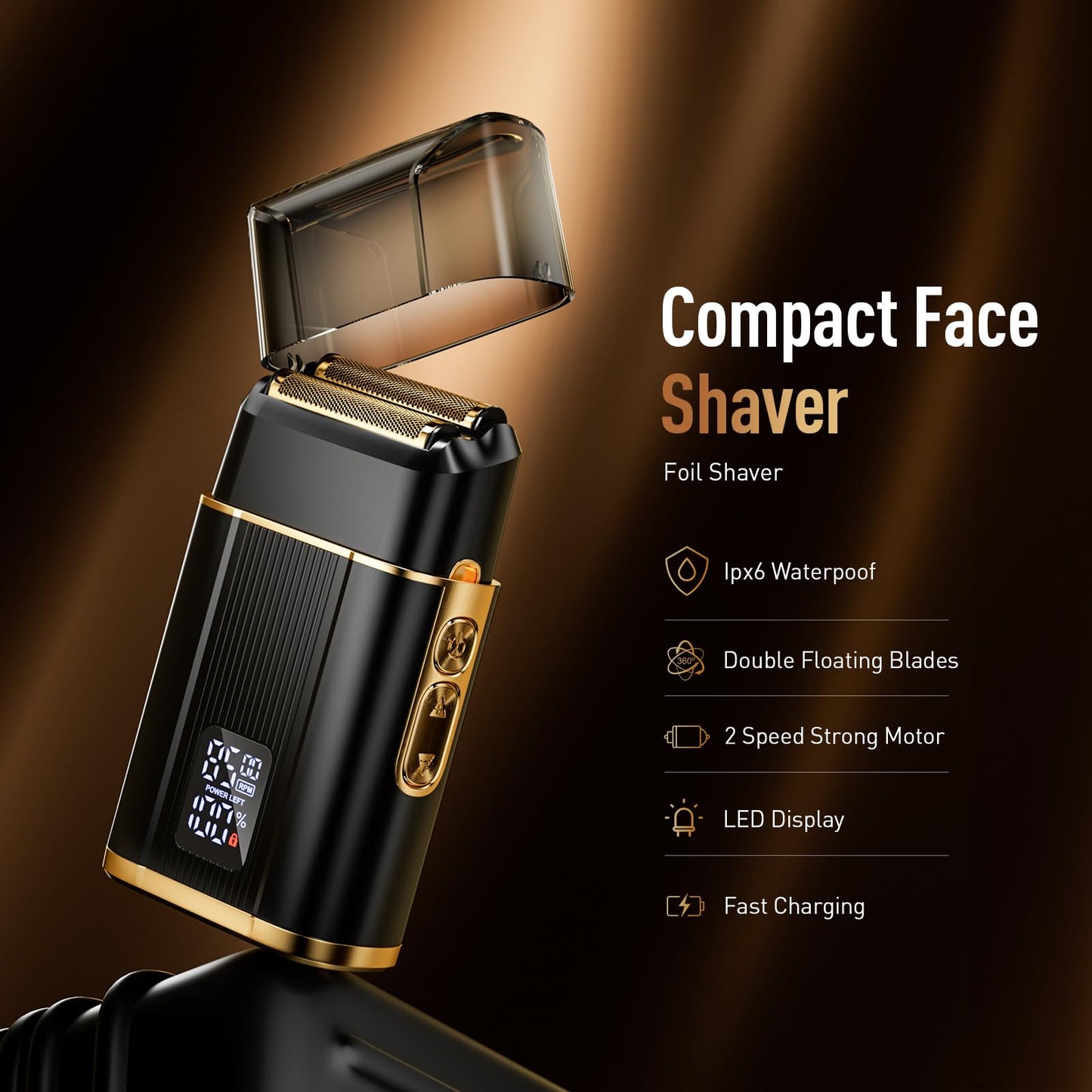 Foil Shavers for Men, High Speed Double Floating Blades Electric Razor, IPX6 Waterproof Dry/Wet, 2 Adjustable Speed Electric Shaver with LED Display, USB-C Deep Black
