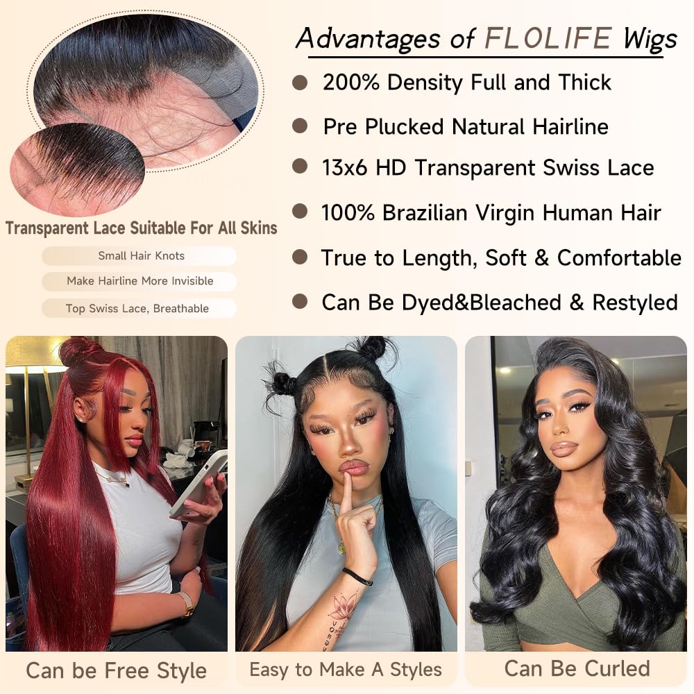FLOLIFE 30 Inch Lace Front Wig Human Hair Pre Plucked 13x6 Lace Front Wigs Human Hair with Baby Hair Natural Color HD Lace Frontal Wigs Human Hair 200% Density Straight Lace Front Wigs Human Hair