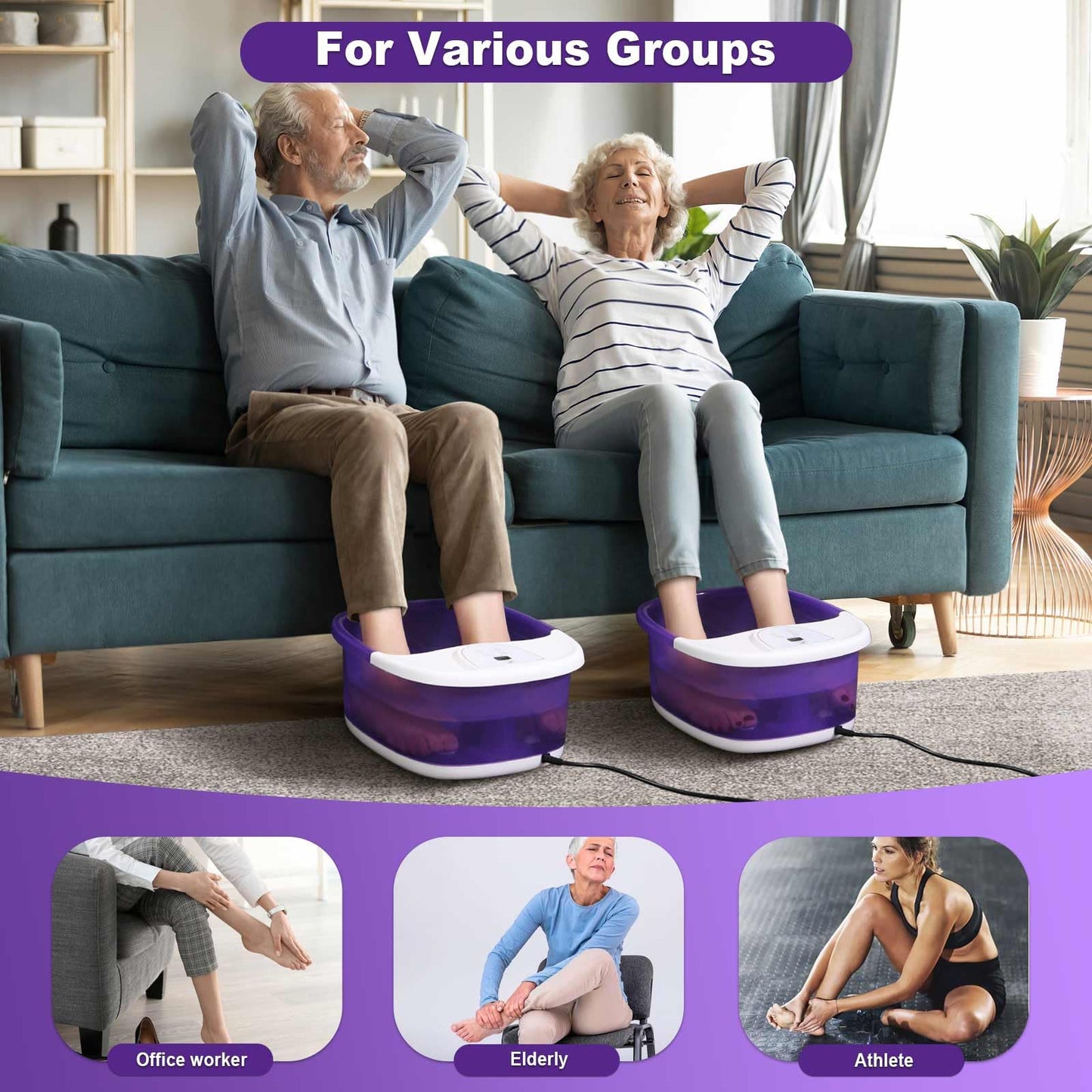 Foot Spa Bath Massager with Heat [2025 Upgraded], Vibration, Temperature Control, Jets, Bubbles and Epsom Salt, Foot Bath Soak Tub with 22 Massage Rollers, Feet Soaking Tub for Relaxation, Purple