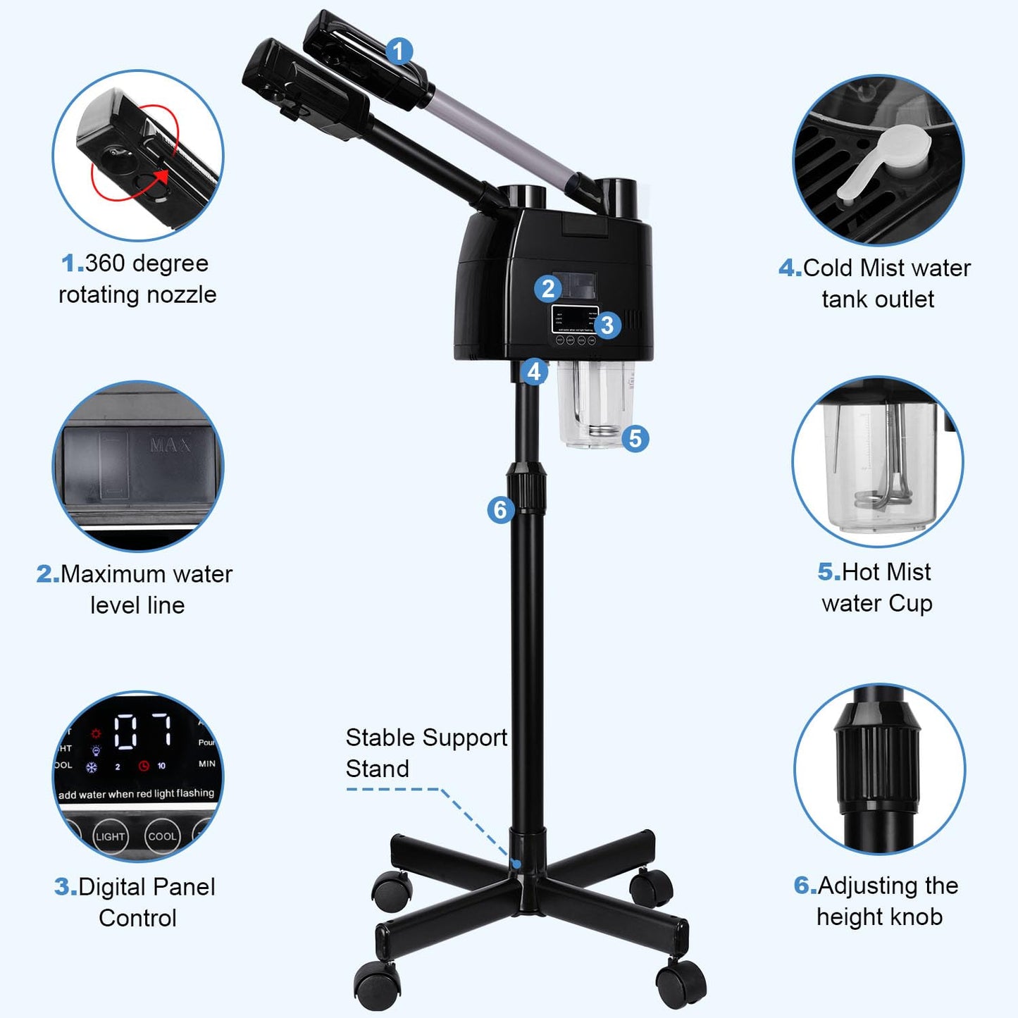 FLOLXNB Professional Facial Steamer, 2 in 1 Facial Steamer, Esthetician Steamer with Hot&Cold Nozzle,Digital Face Steamer for Home Beauty Salon Spa