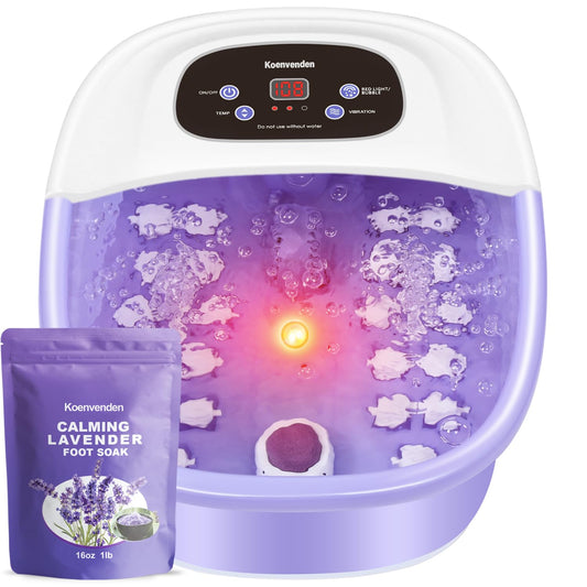 Foot Spa Bath Massager with Heat Bubbles and Vibration Massage and Jets, 16 OZ Calming Lavender Foot Soak Epsom Salt, Koenvenden Foot Soaker With Red Light, 22 Massage Rollers, Adjustable Temp -Purple