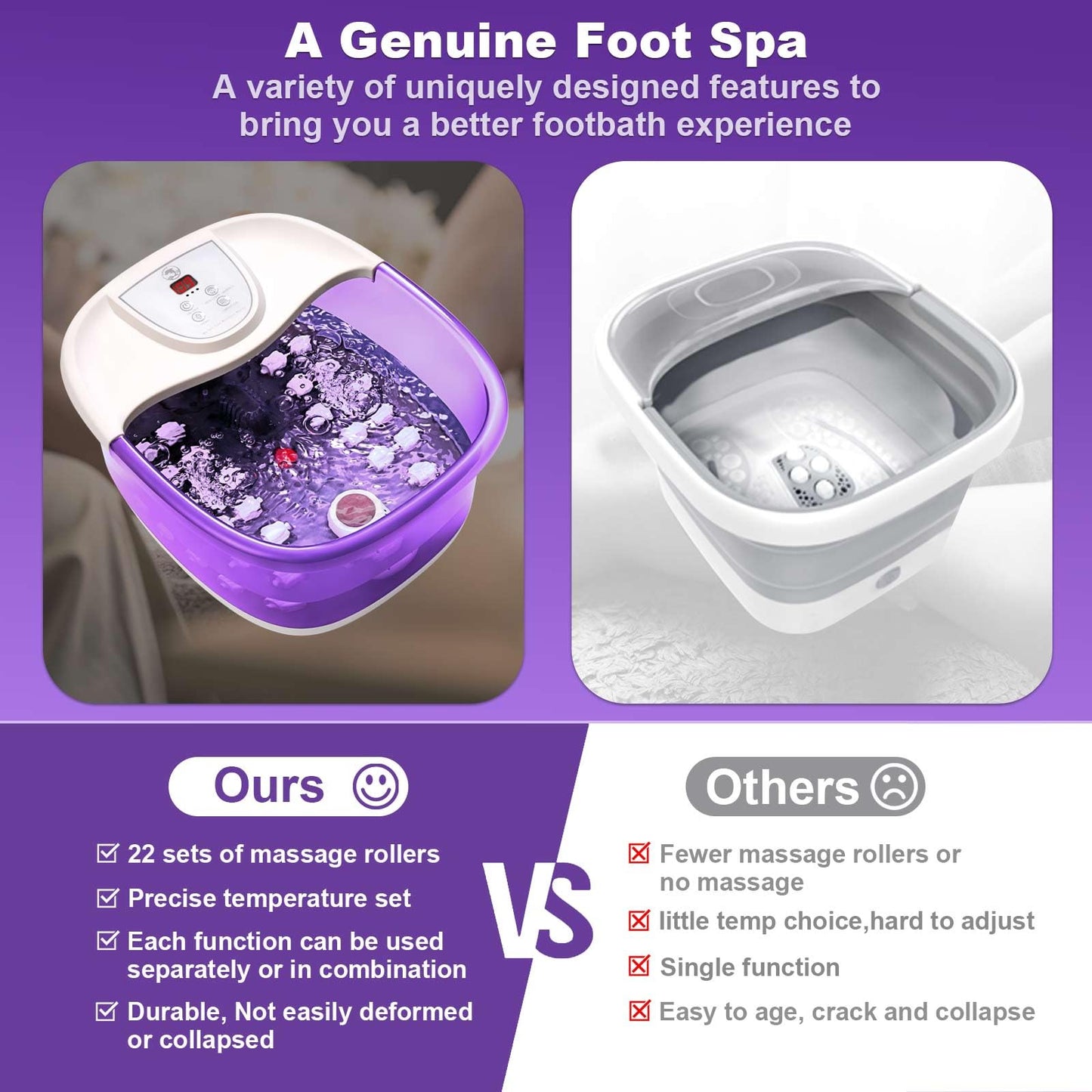 Foot Spa Bath Massager with Heat [2025 Upgraded], Vibration, Temperature Control, Jets, Bubbles and Epsom Salt, Foot Bath Soak Tub with 22 Massage Rollers, Feet Soaking Tub for Relaxation, Purple
