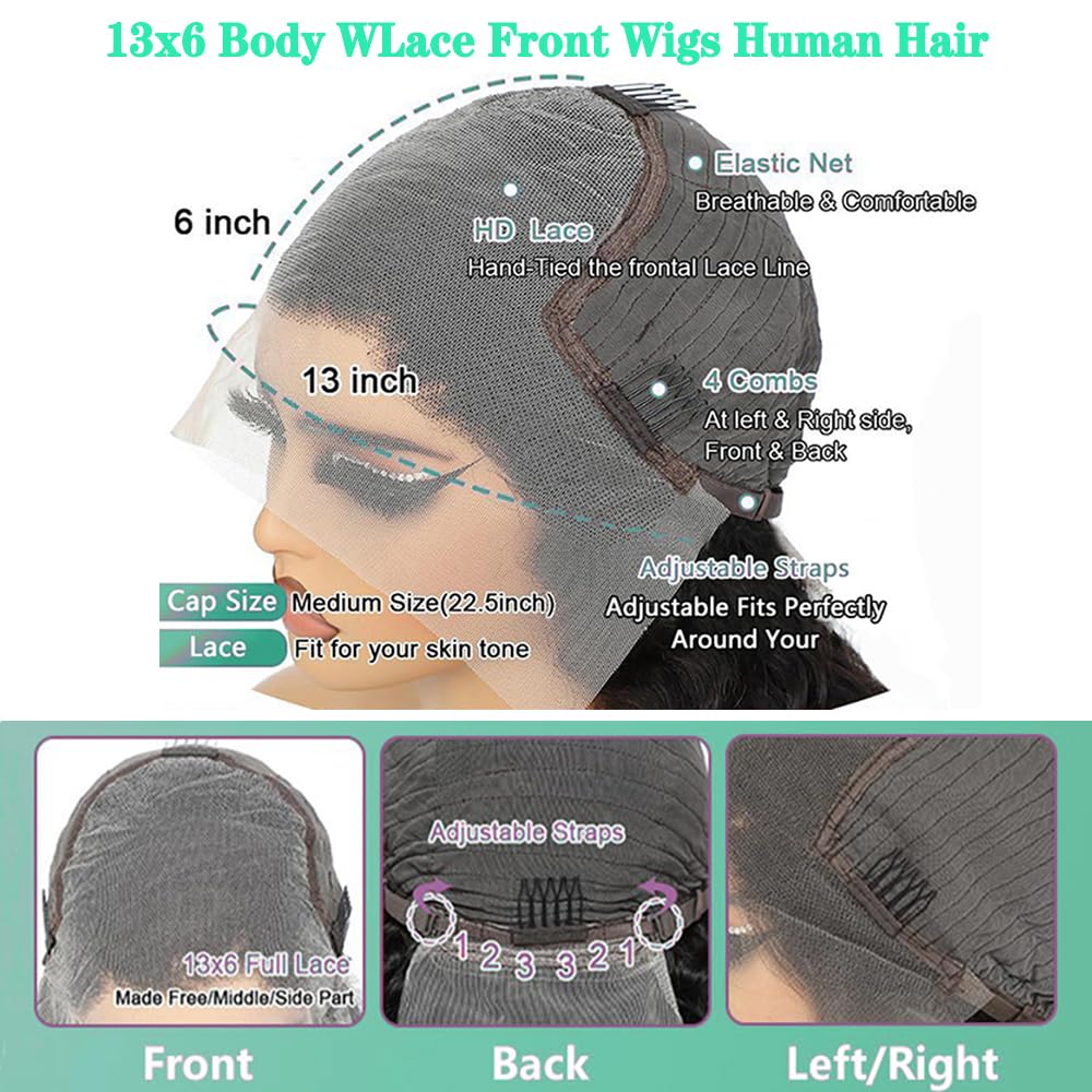 Fongly 13x6 Body Wave Lace Front Wigs Human Hair Pre Plucked 200% Density Glueless Wigs Human Hair 26 Inch HD Transparent Lace Frontal Wigs Human Hair Wigs for Black Women With Baby Hair