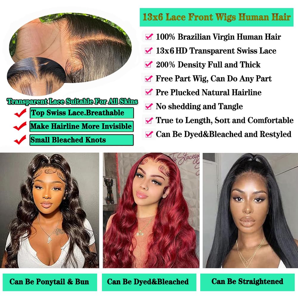 Fongly 13x6 Body Wave Lace Front Wigs Human Hair Pre Plucked 200% Density Glueless Wigs Human Hair 26 Inch HD Transparent Lace Frontal Wigs Human Hair Wigs for Black Women With Baby Hair